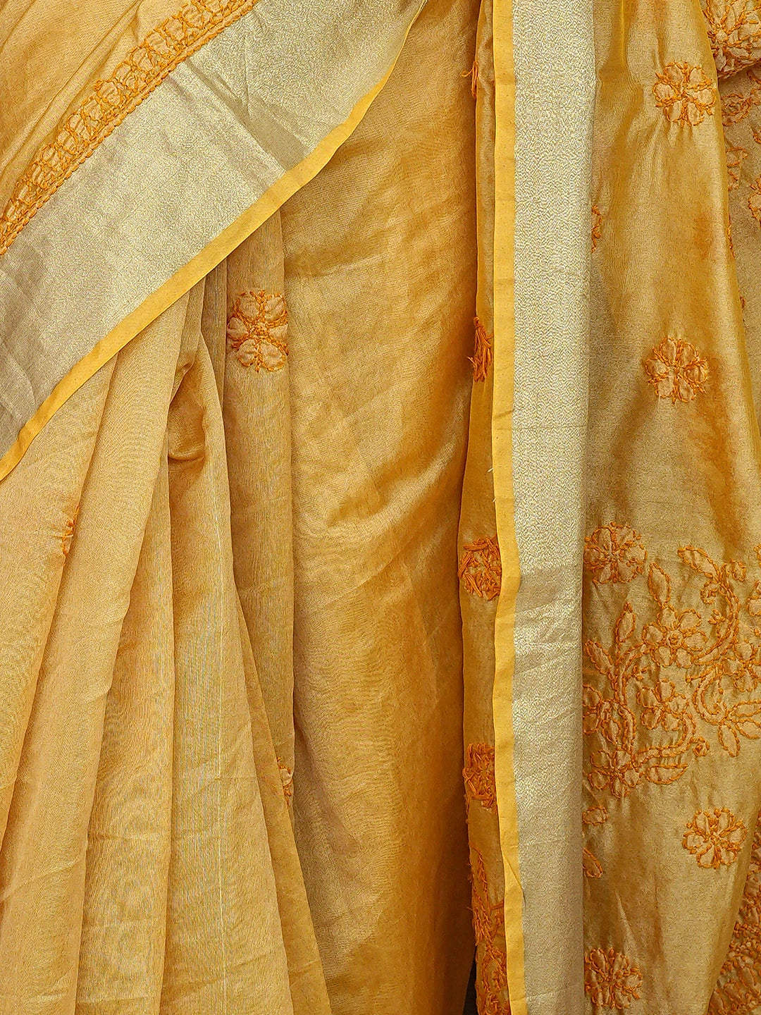 Ada Hand Embroidered Yellow Goldenrod Chanderi Lucknowi Chikankari Saree With Blouse 01A878666