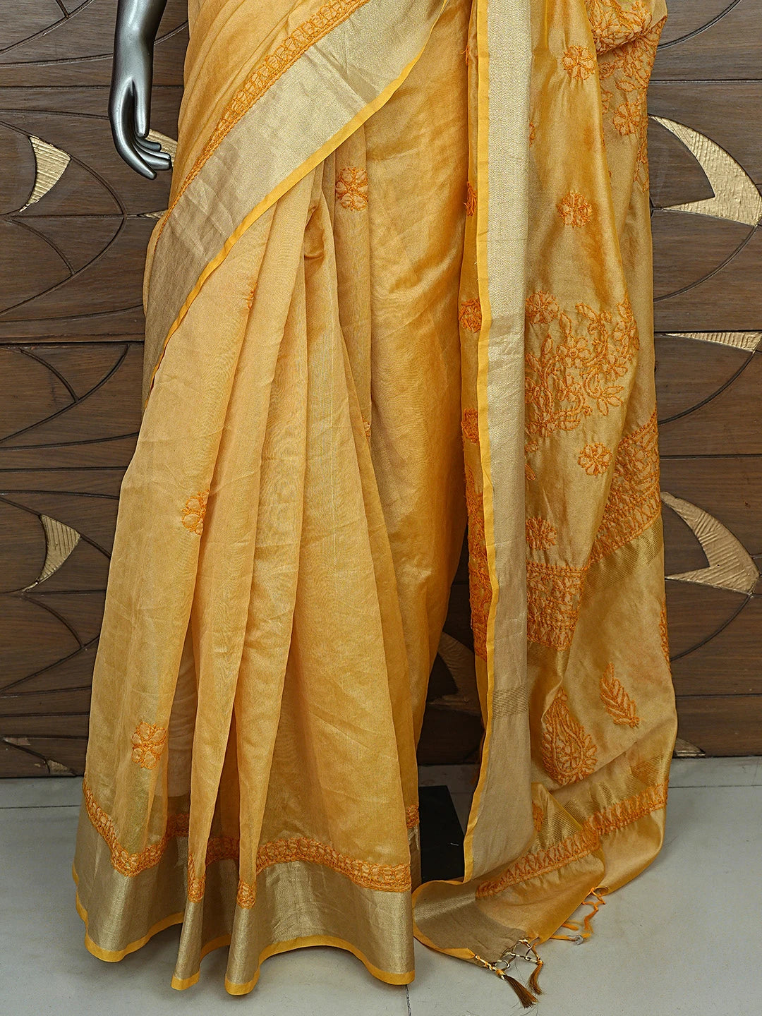 Ada Hand Embroidered Yellow Goldenrod Chanderi Lucknowi Chikankari Saree With Blouse 01A878666