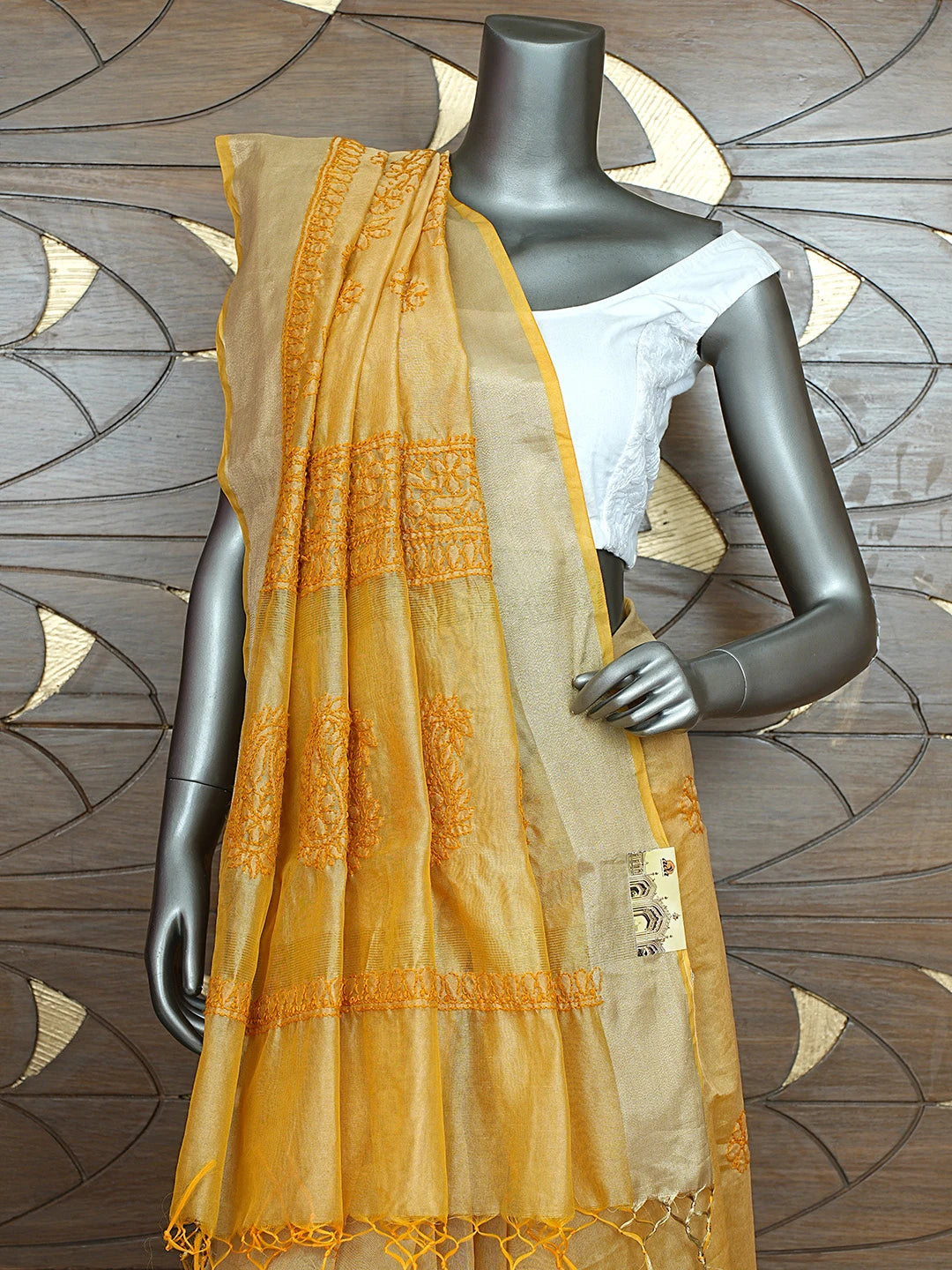 Ada Hand Embroidered Yellow Goldenrod Chanderi Lucknowi Chikankari Saree With Blouse 01A878666