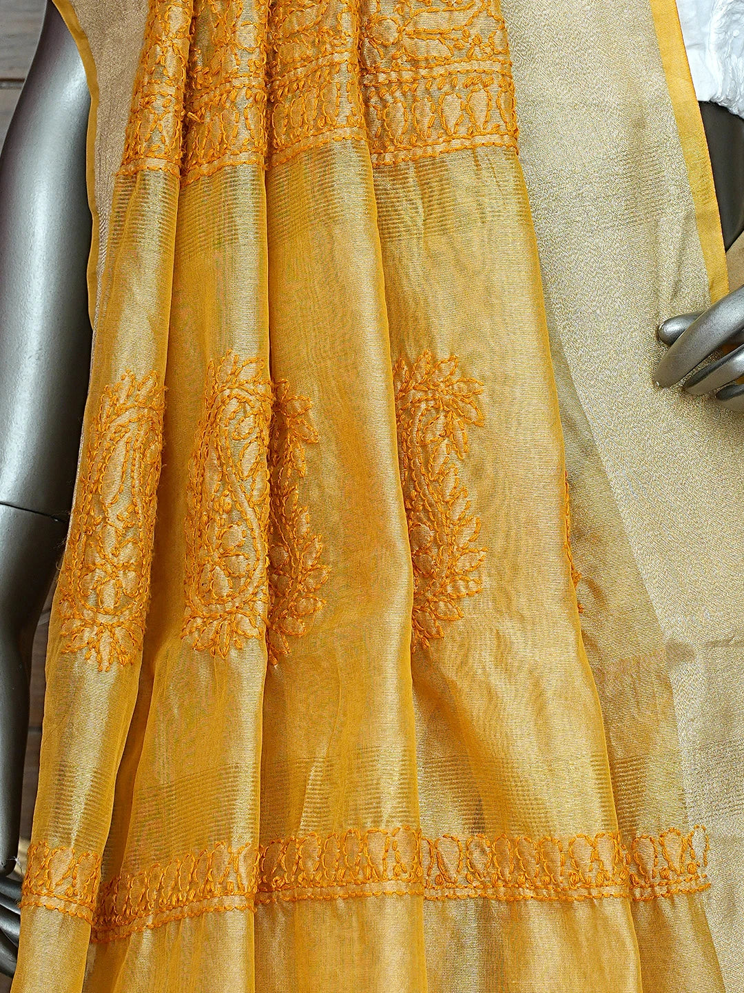 Ada Hand Embroidered Yellow Goldenrod Chanderi Lucknowi Chikankari Saree With Blouse 01A878666