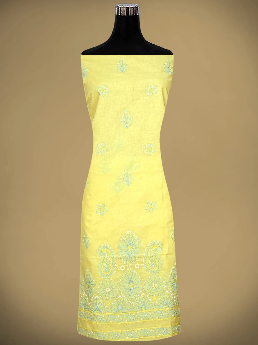 Ada Hand Embroidered Yellow Cotton Lucknowi Chikankari Unstitched Suit Piece with Chiffon Dupatta 01A879363