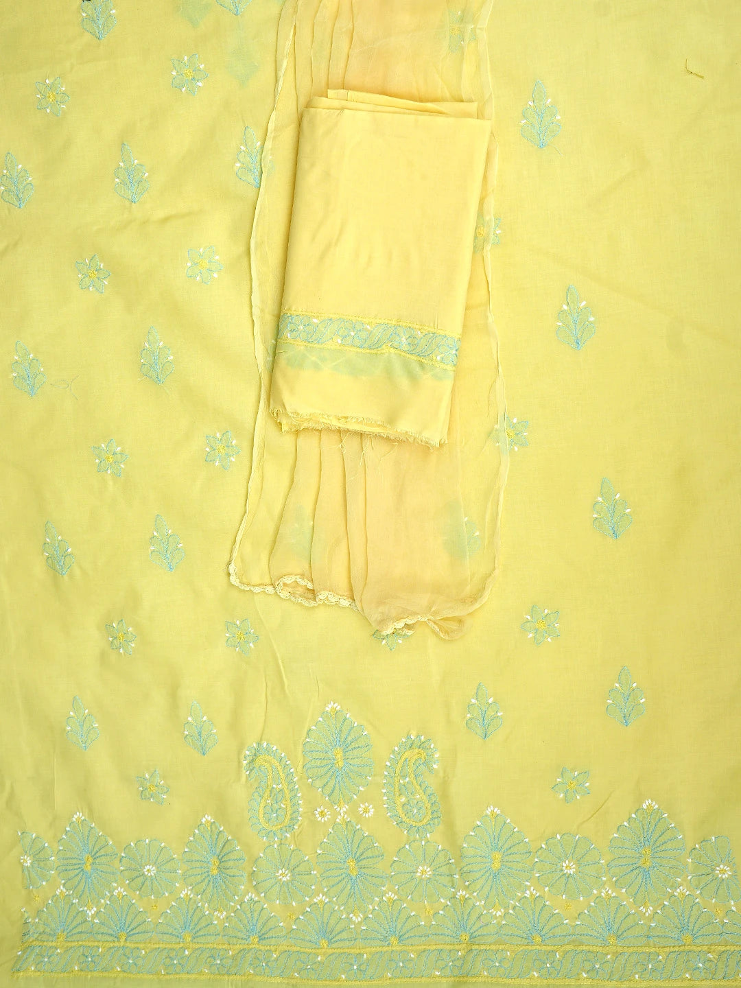 Ada Hand Embroidered Yellow Cotton Lucknowi Chikankari Unstitched Suit Piece with Chiffon Dupatta 01A879363