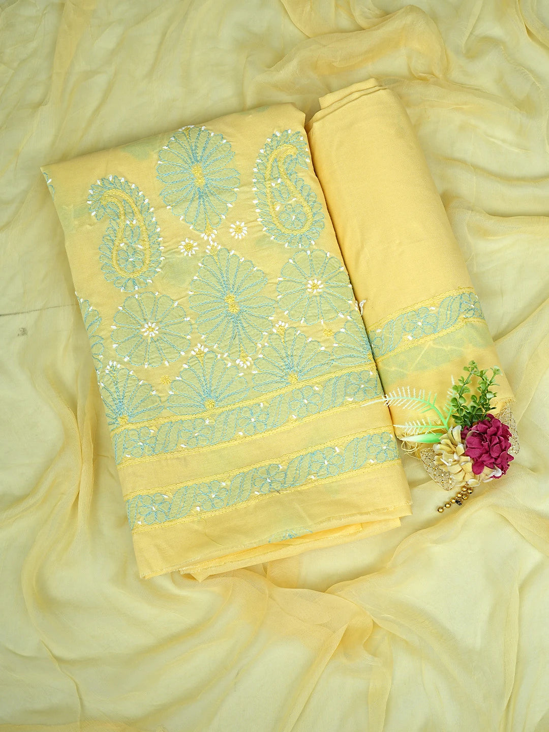 Ada Hand Embroidered Yellow Cotton Lucknowi Chikankari Unstitched Suit Piece with Chiffon Dupatta 01A879363