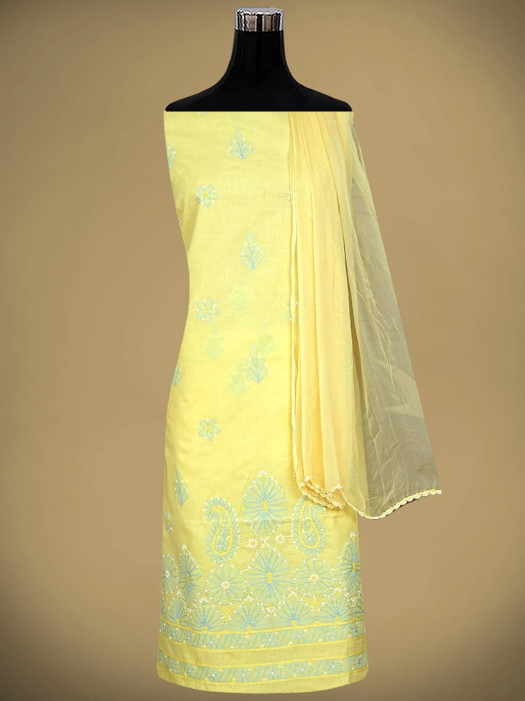 Ada Hand Embroidered Yellow Cotton Lucknowi Chikankari Unstitched Suit Piece with Chiffon Dupatta 01A879363