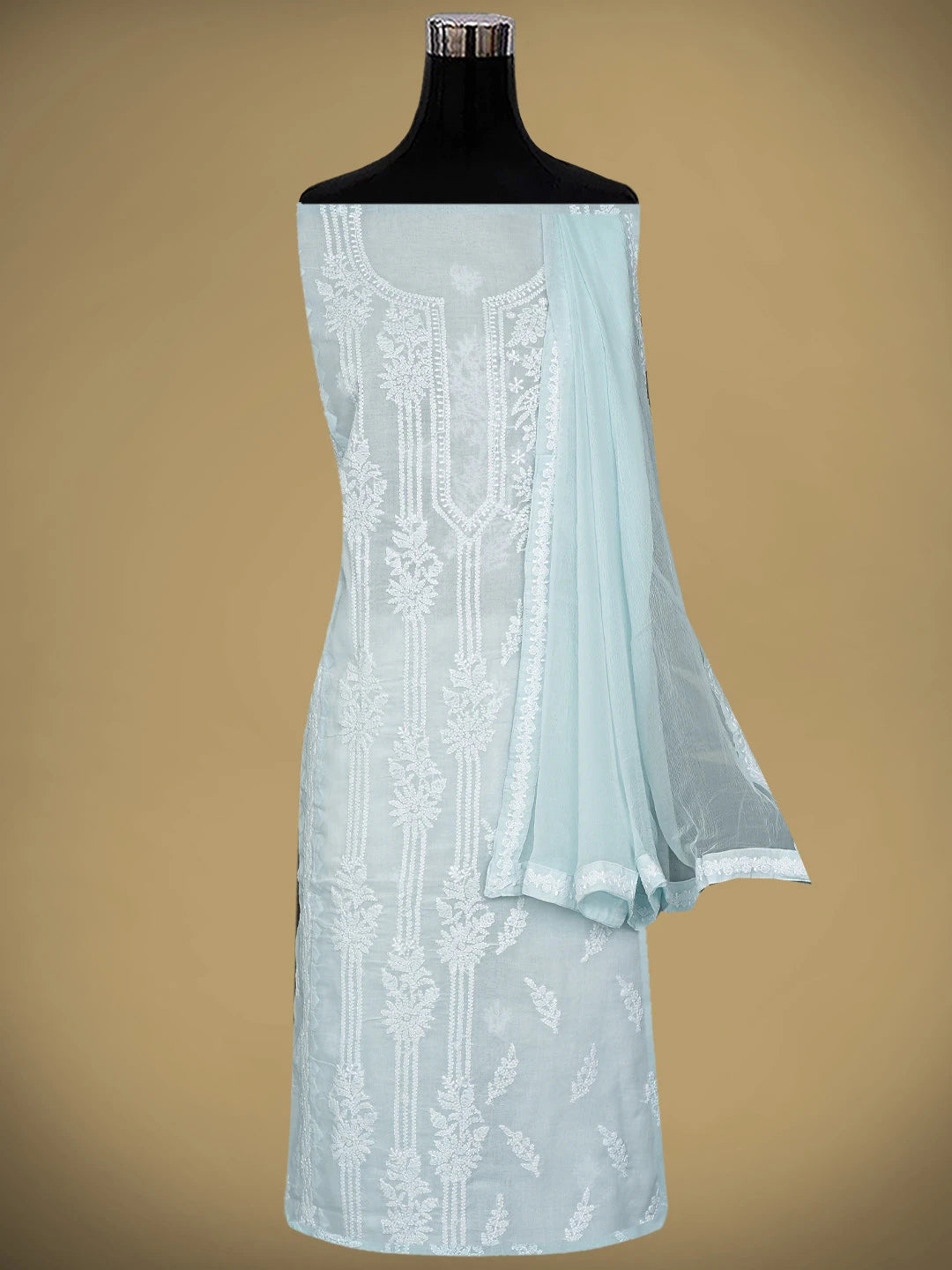 Ada Hand Embroidered Sky Blue Cotton Lucknowi Chikankari Unstitched Suit Piece with Chiffon Dupatta 01A871569