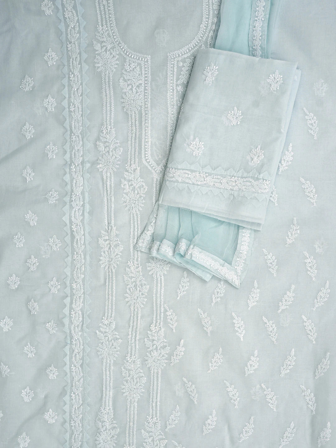 Ada Hand Embroidered Sky Blue Cotton Lucknowi Chikankari Unstitched Suit Piece with Chiffon Dupatta 01A871569