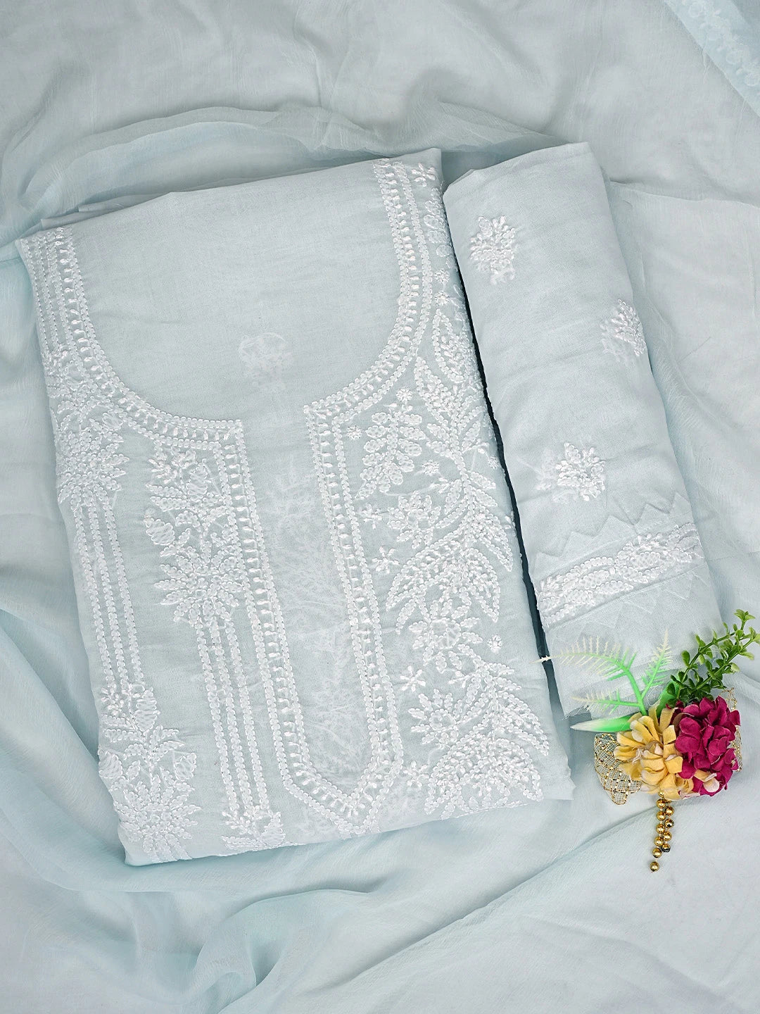 Ada Hand Embroidered Sky Blue Cotton Lucknowi Chikankari Unstitched Suit Piece with Chiffon Dupatta 01A871569