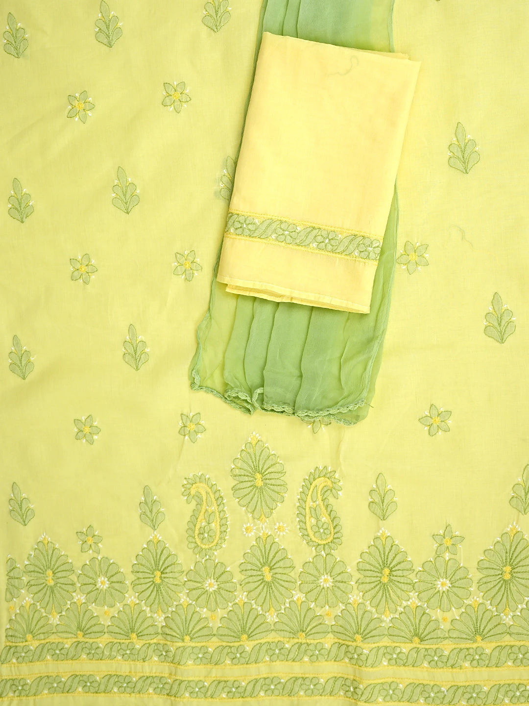 Ada Hand Embroidered Yellow Cotton Lucknowi Chikankari Unstitched Suit Piece 01A879365