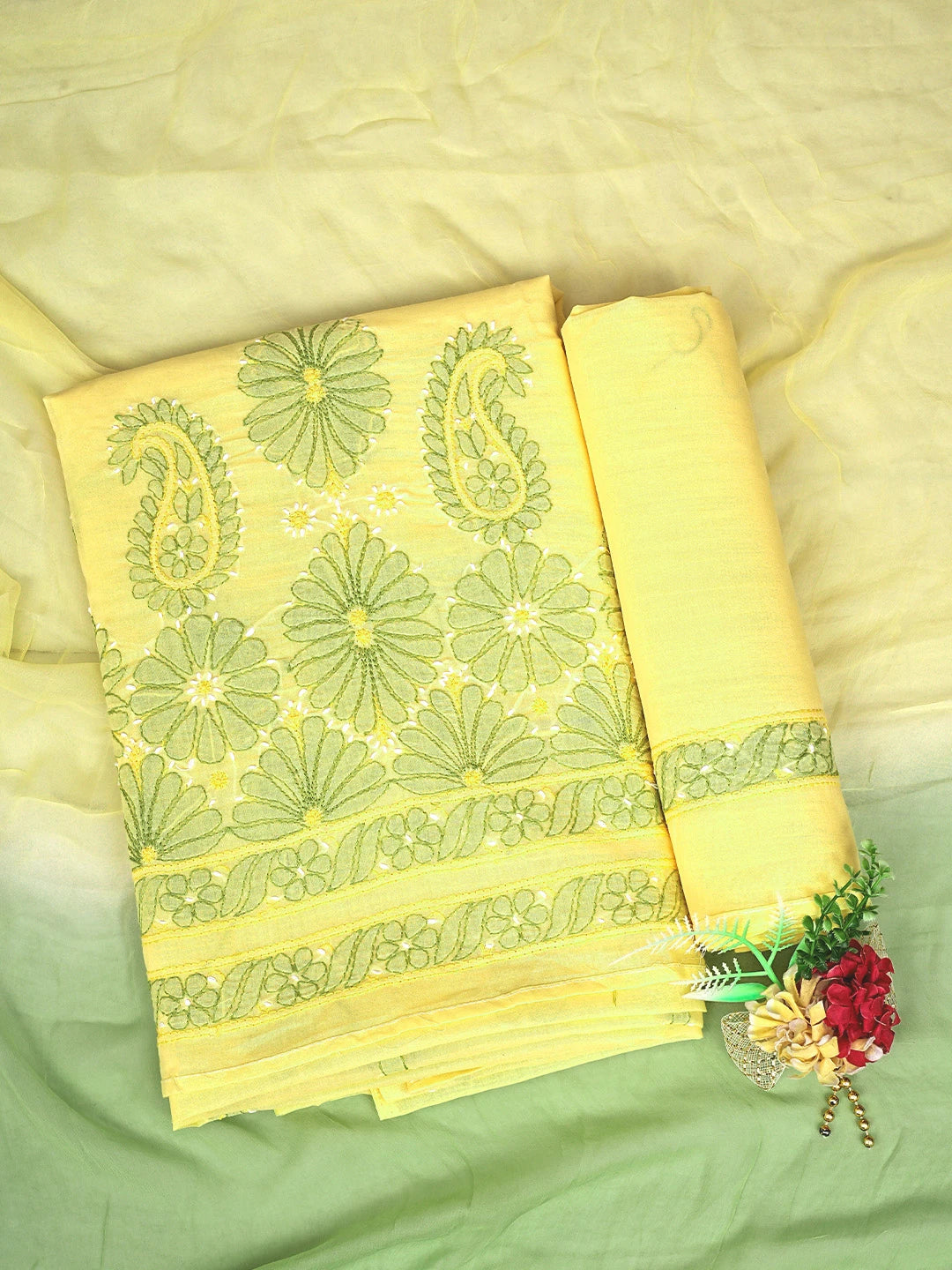 Ada Hand Embroidered Yellow Cotton Lucknowi Chikankari Unstitched Suit Piece 01A879365