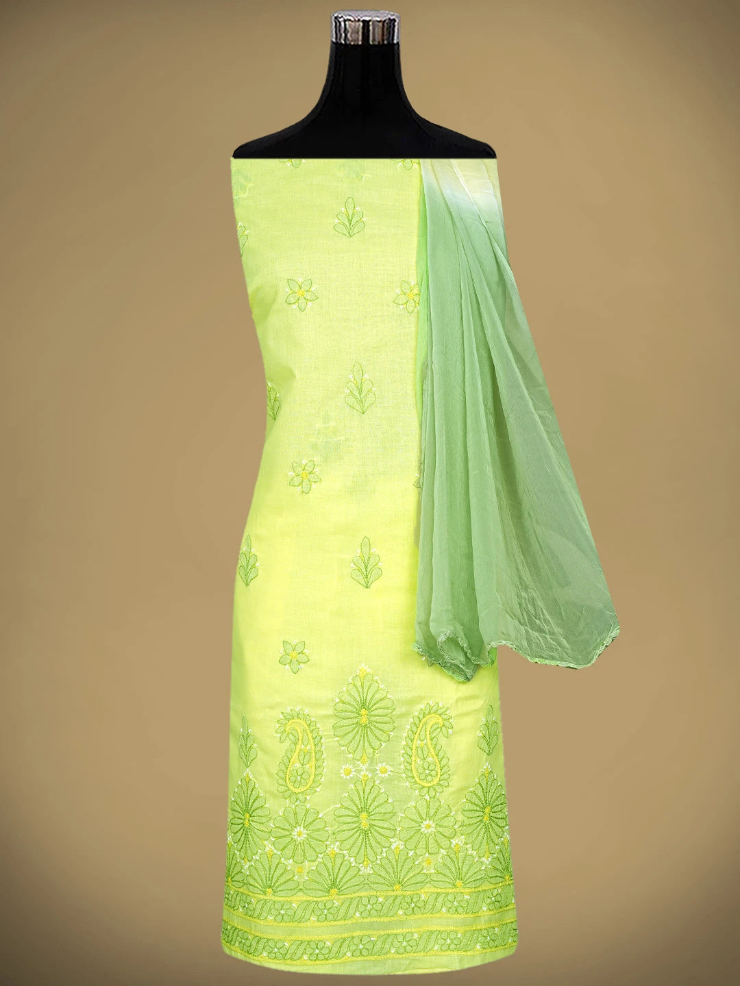 Ada Hand Embroidered Yellow Cotton Lucknowi Chikankari Unstitched Suit Piece 01A879365