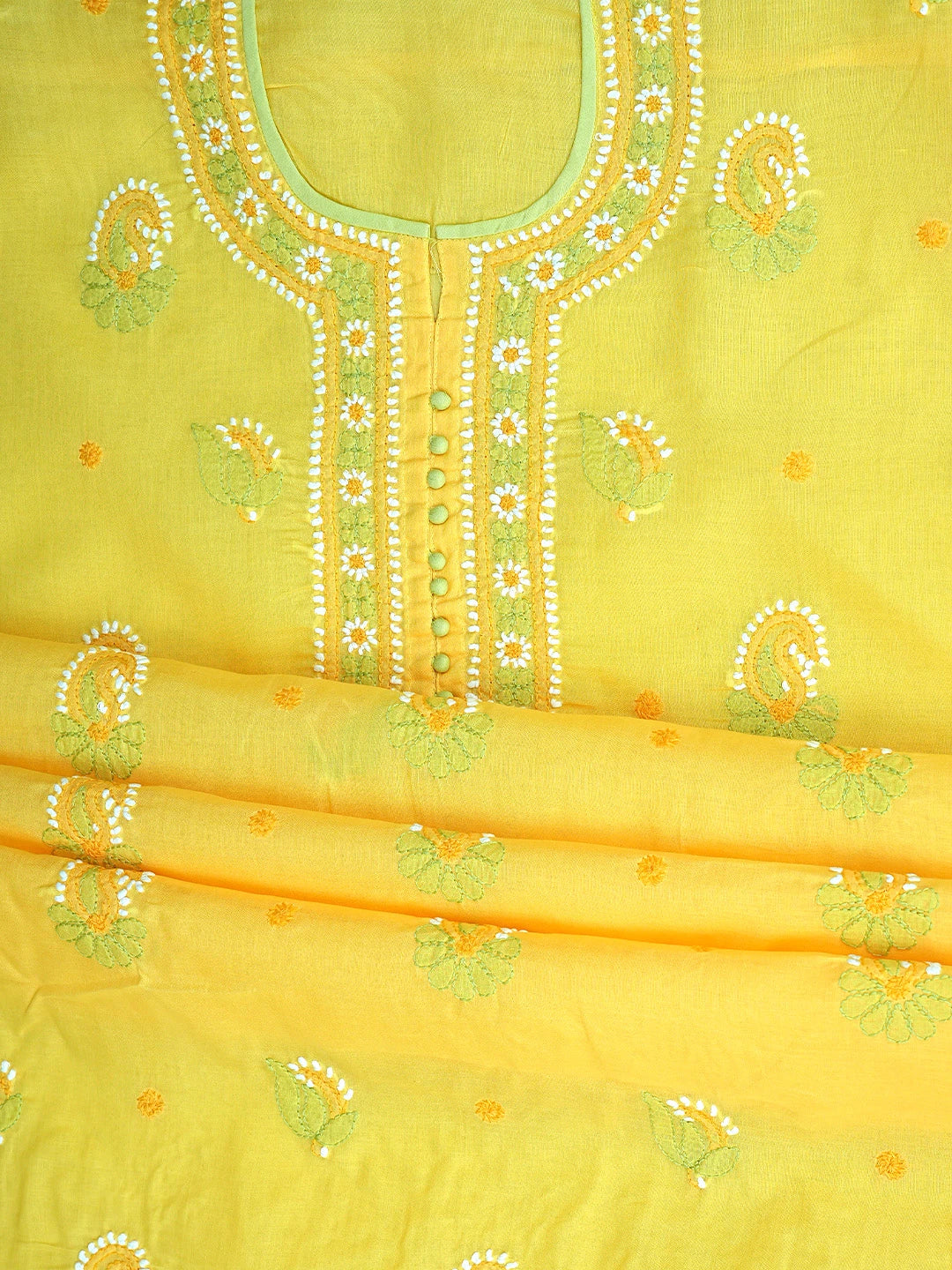 Ada Hand Embroidered Yellow Cotton Lucknowi Chikankari Unstitched Suit Piece with Chiffon Dupatta 01A879665