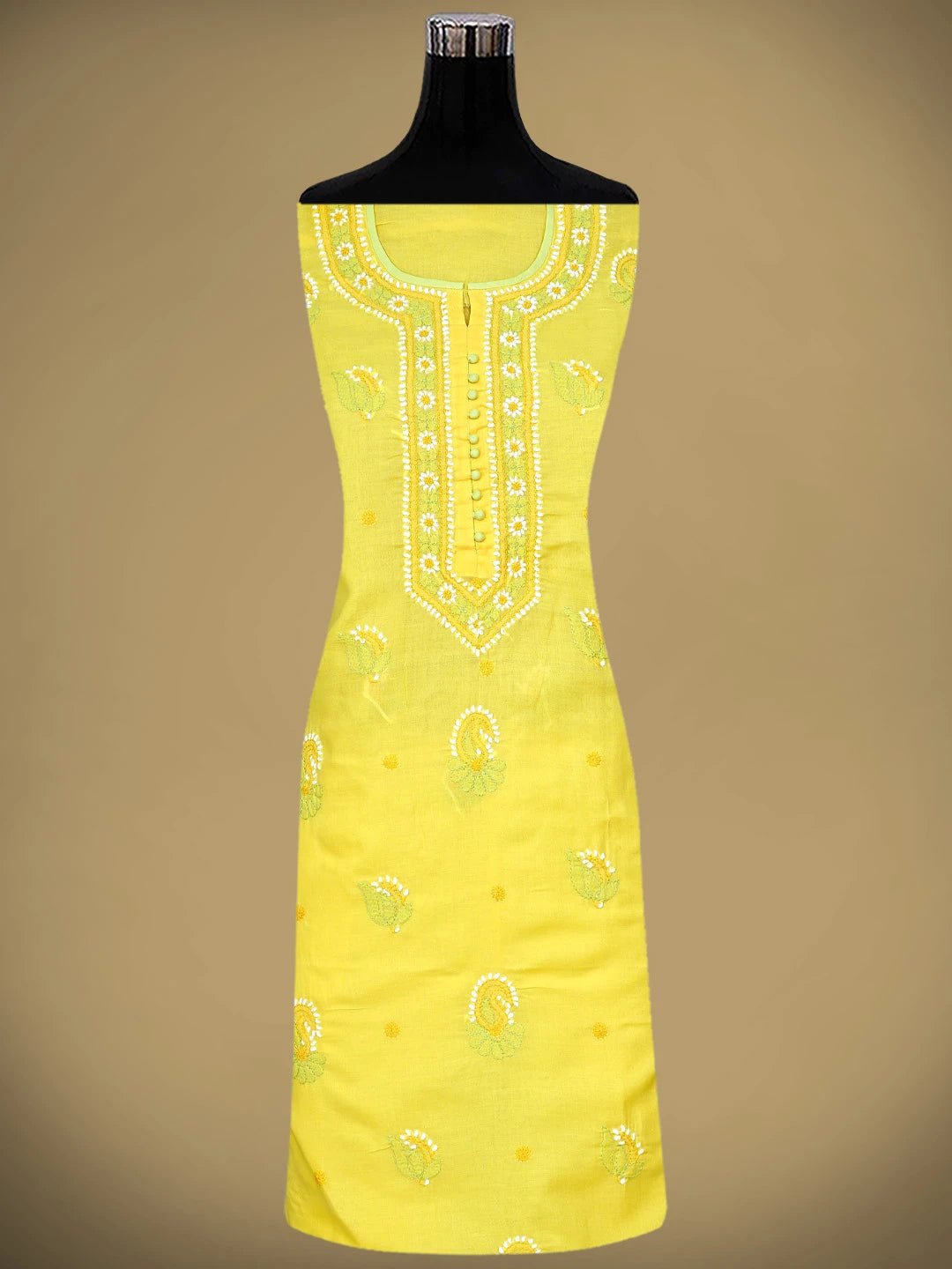 Ada Hand Embroidered Yellow Cotton Lucknowi Chikankari Unstitched Suit Piece with Chiffon Dupatta 01A879665