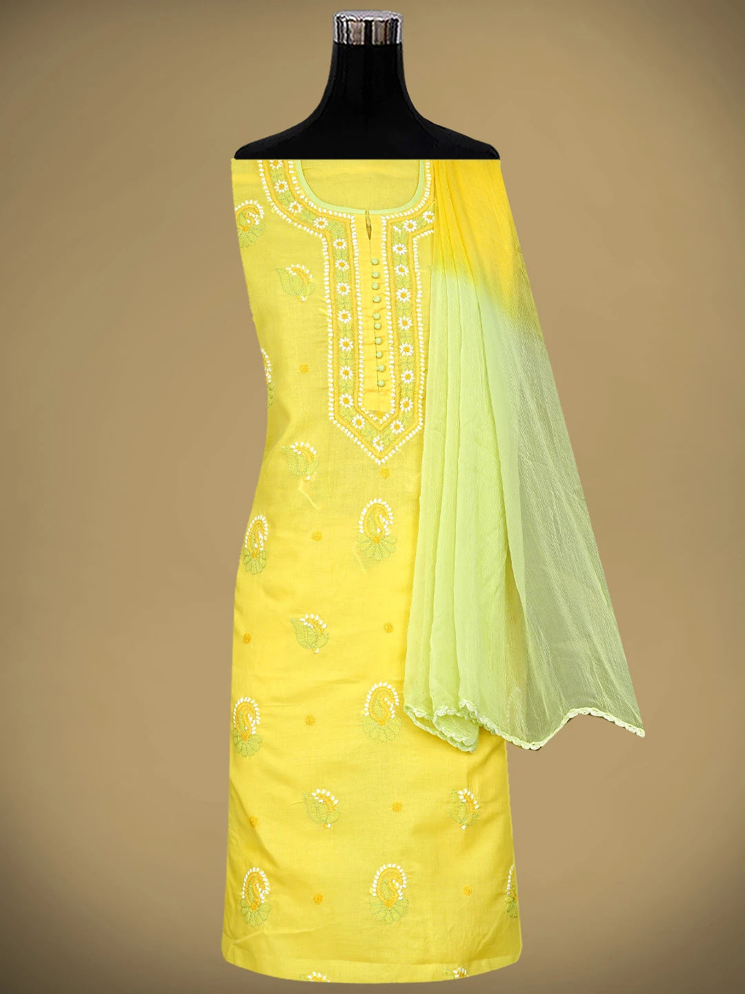 Ada Hand Embroidered Yellow Cotton Lucknowi Chikankari Unstitched Suit Piece with Chiffon Dupatta 01A879665