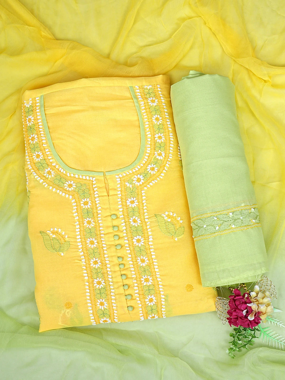 Ada Hand Embroidered Yellow Cotton Lucknowi Chikankari Unstitched Suit Piece with Chiffon Dupatta 01A879665