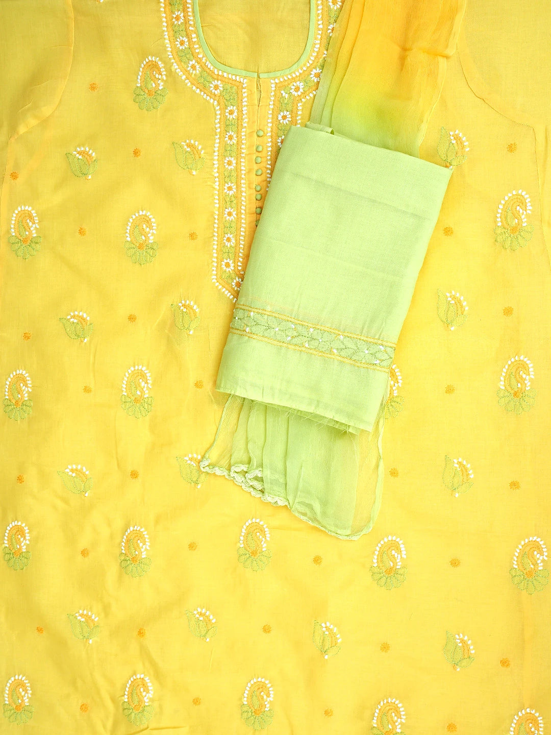 Ada Hand Embroidered Yellow Cotton Lucknowi Chikankari Unstitched Suit Piece with Chiffon Dupatta 01A879665