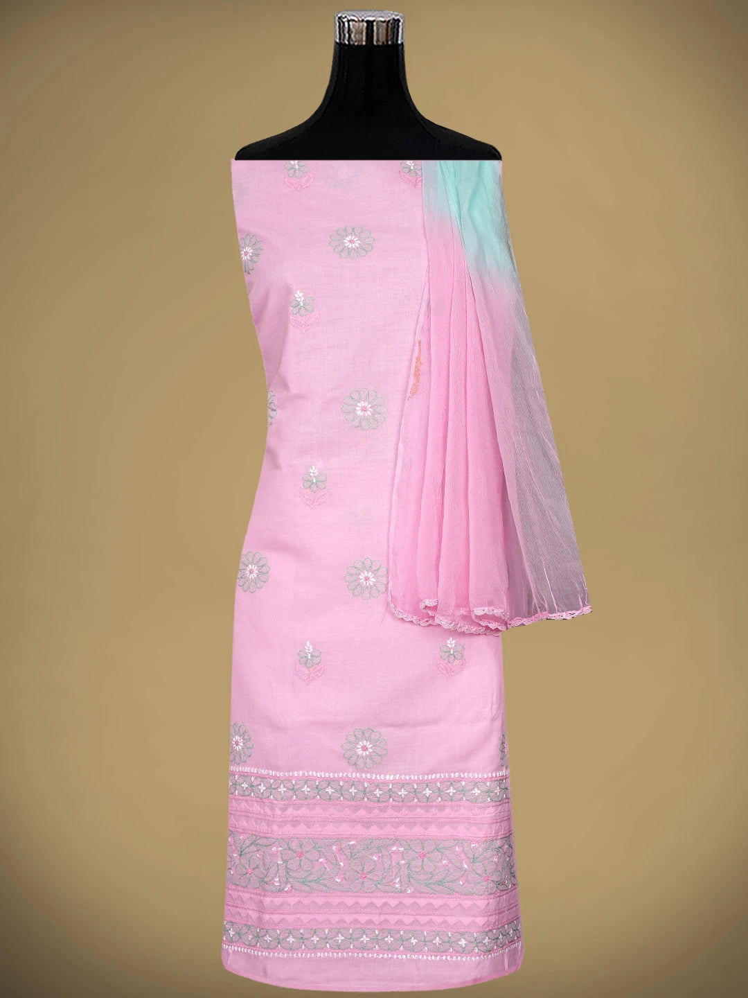 Ada Hand Embroidered Pink Cotton Lucknowi Chikankari Unstitched Suit Piece with Chiffon Dupatta 01A879661