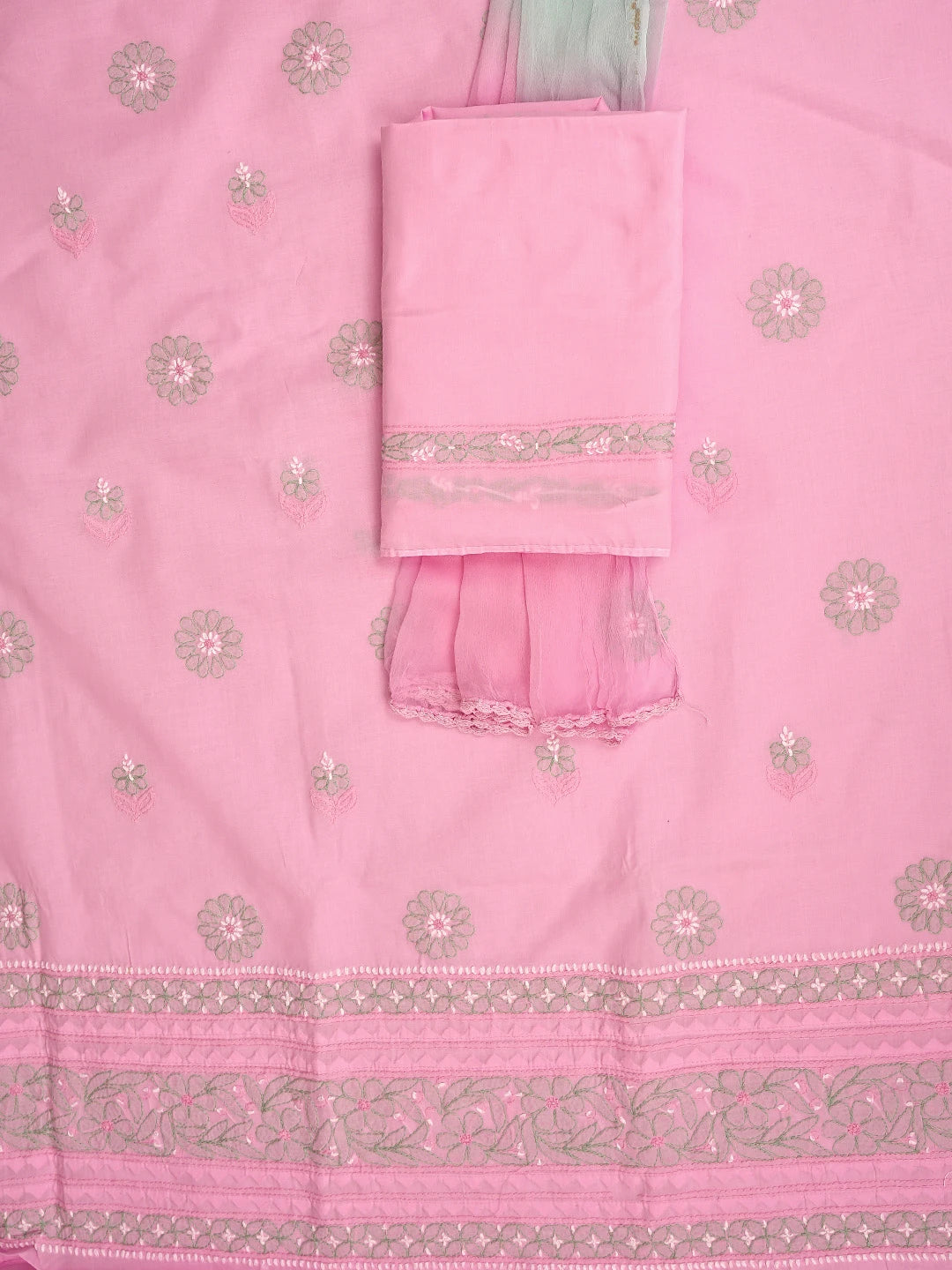 Ada Hand Embroidered Pink Cotton Lucknowi Chikankari Unstitched Suit Piece with Chiffon Dupatta 01A879661
