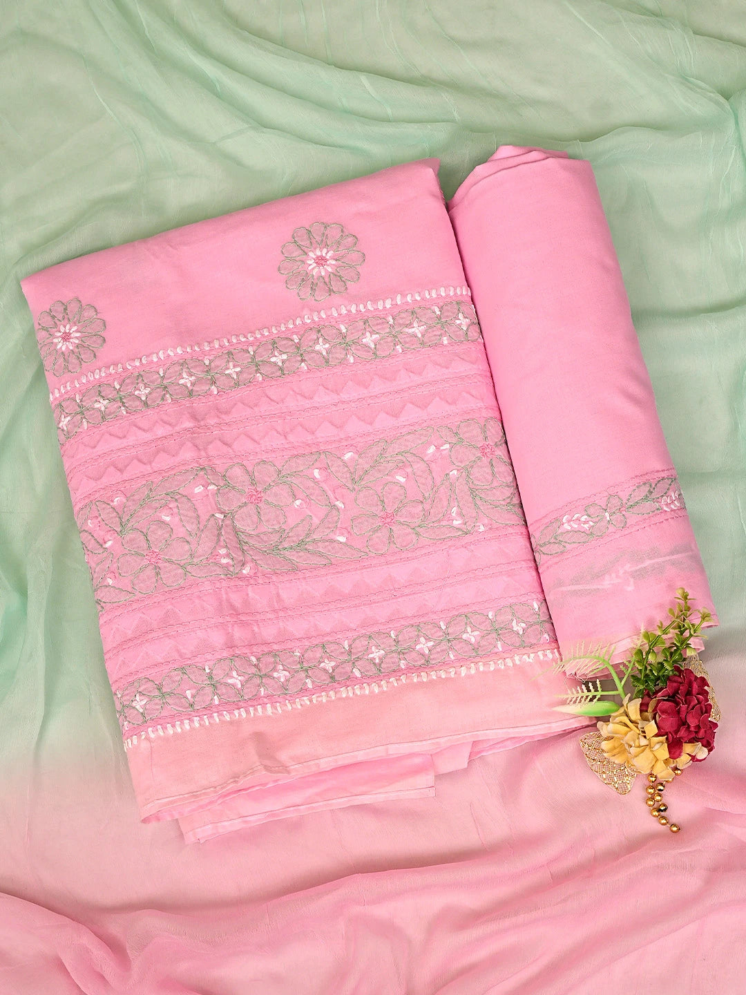 Ada Hand Embroidered Pink Cotton Lucknowi Chikankari Unstitched Suit Piece with Chiffon Dupatta 01A879661