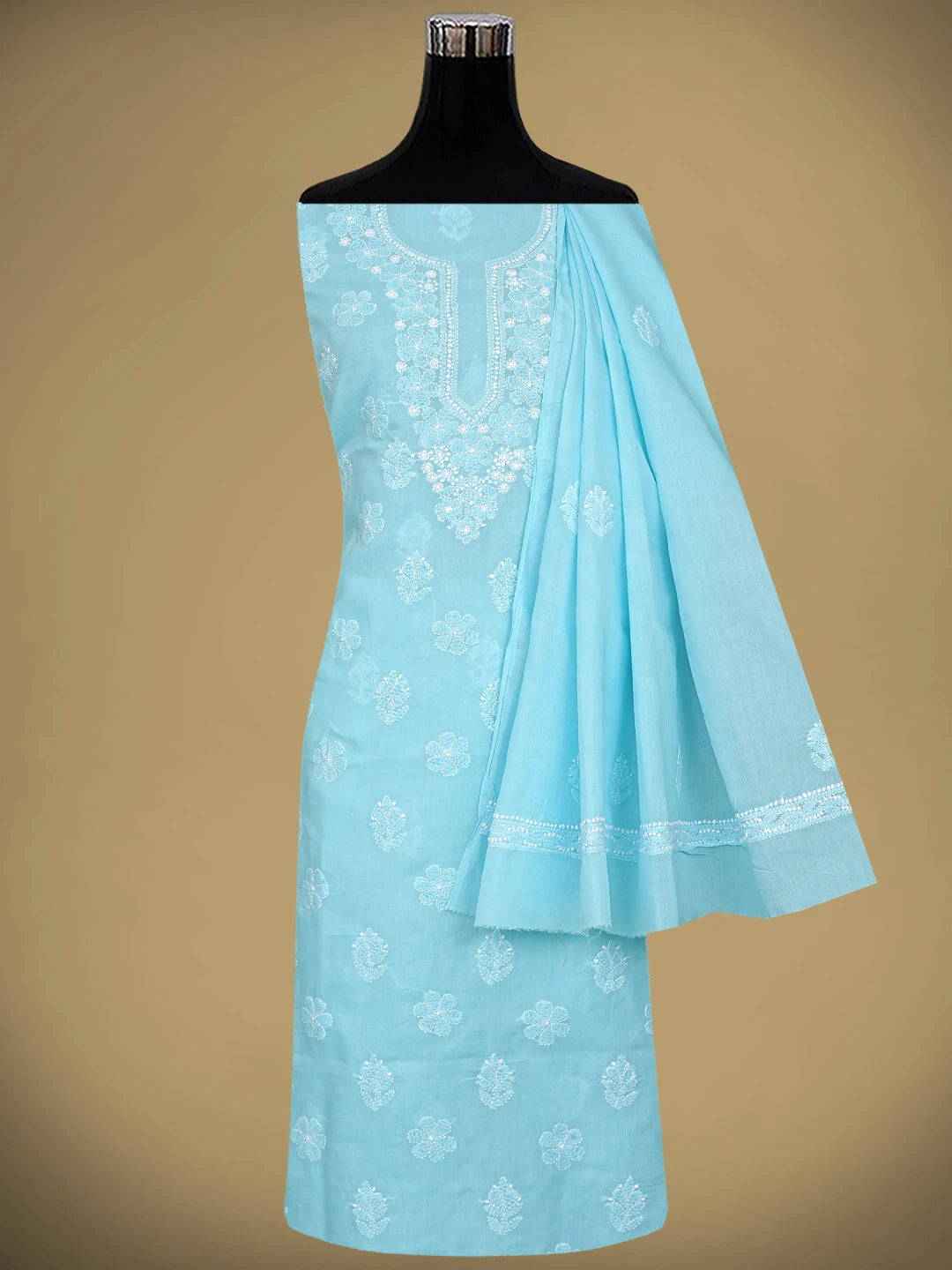 Ada Hand Embroidered Blue Cotton Lucknowi Chikankari Unstitched Suit Piece 01A870960