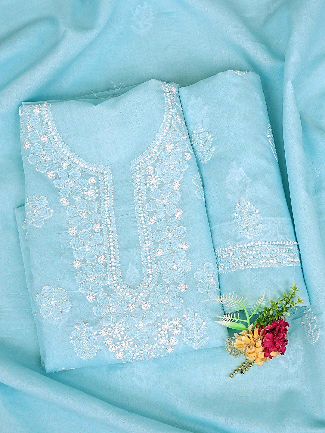 Ada Hand Embroidered Blue Cotton Lucknowi Chikankari Unstitched Suit Piece 01A870960
