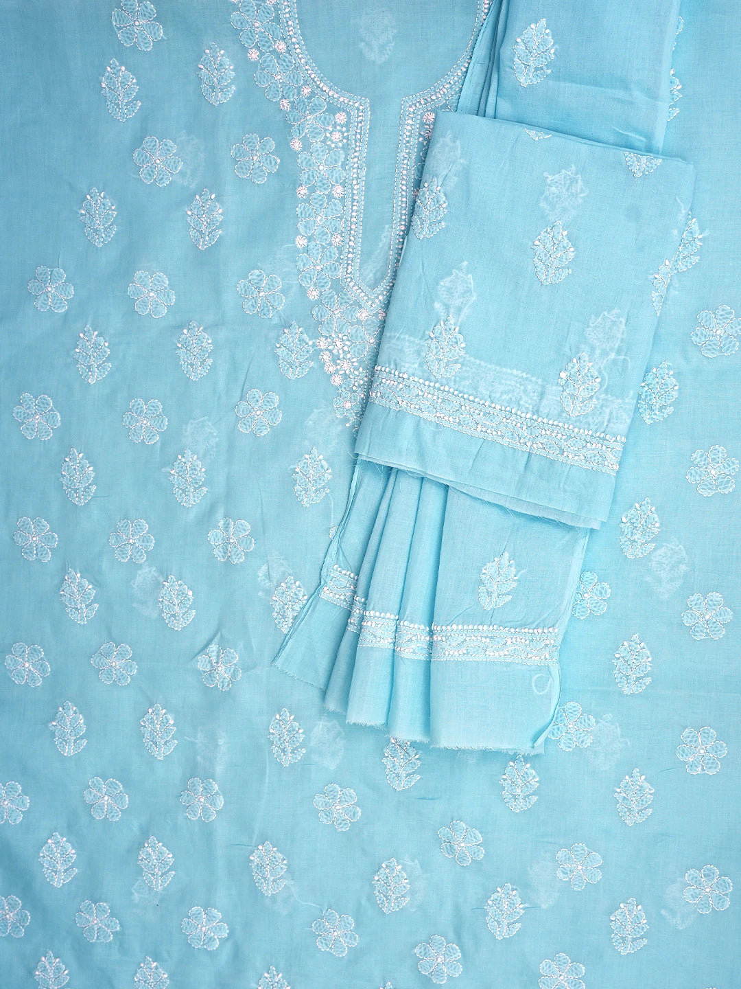 Ada Hand Embroidered Blue Cotton Lucknowi Chikankari Unstitched Suit Piece 01A870960