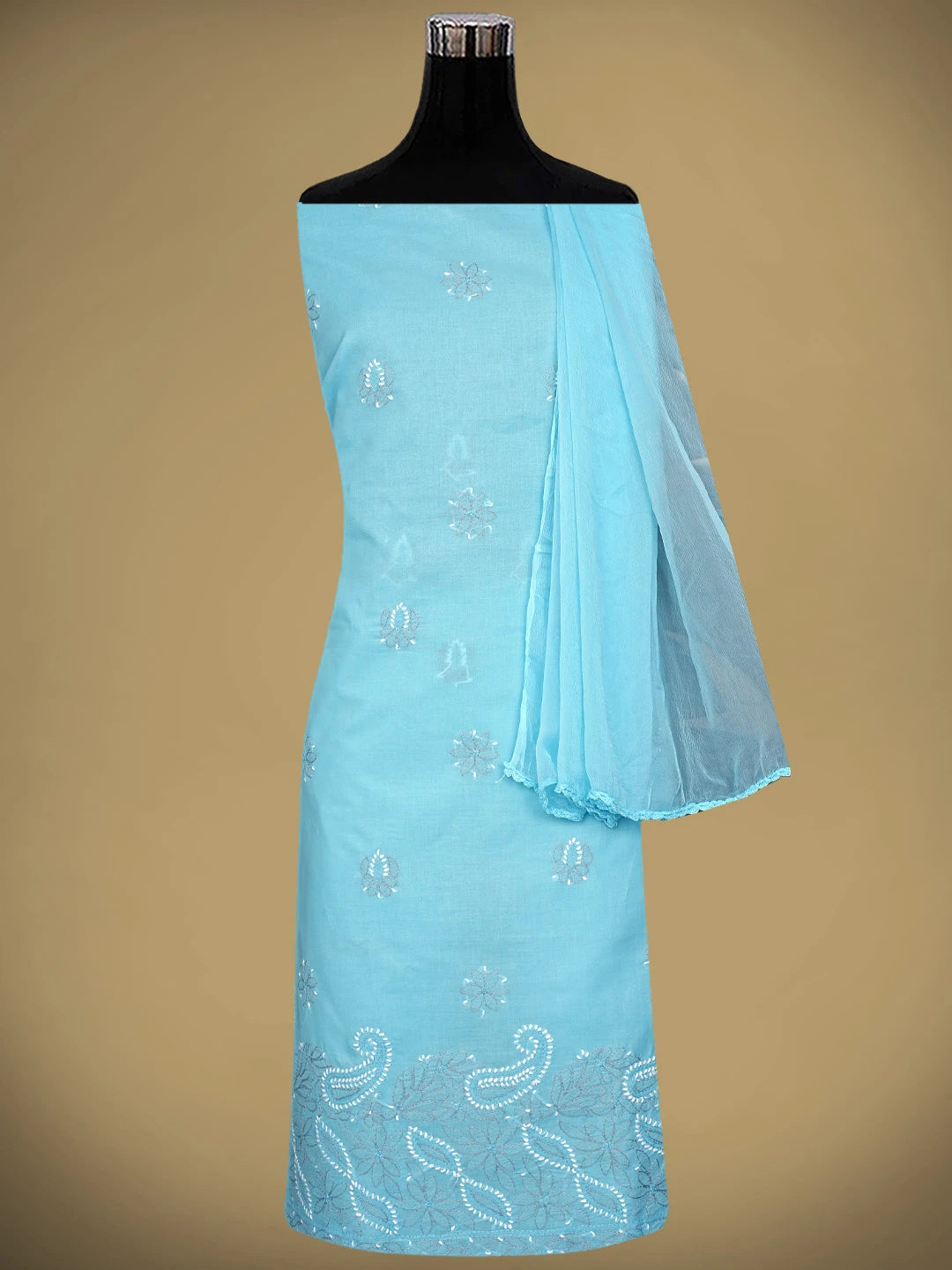 Ada Hand Embroidered Blue Cotton Lucknowi Chikankari Unstitched Suit Piece with Chiffon Dupatta 01A819179