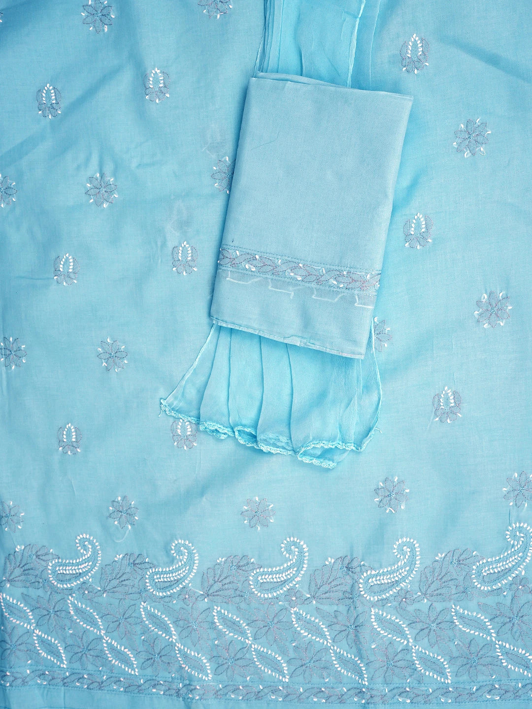 Ada Hand Embroidered Blue Cotton Lucknowi Chikankari Unstitched Suit Piece with Chiffon Dupatta 01A819179
