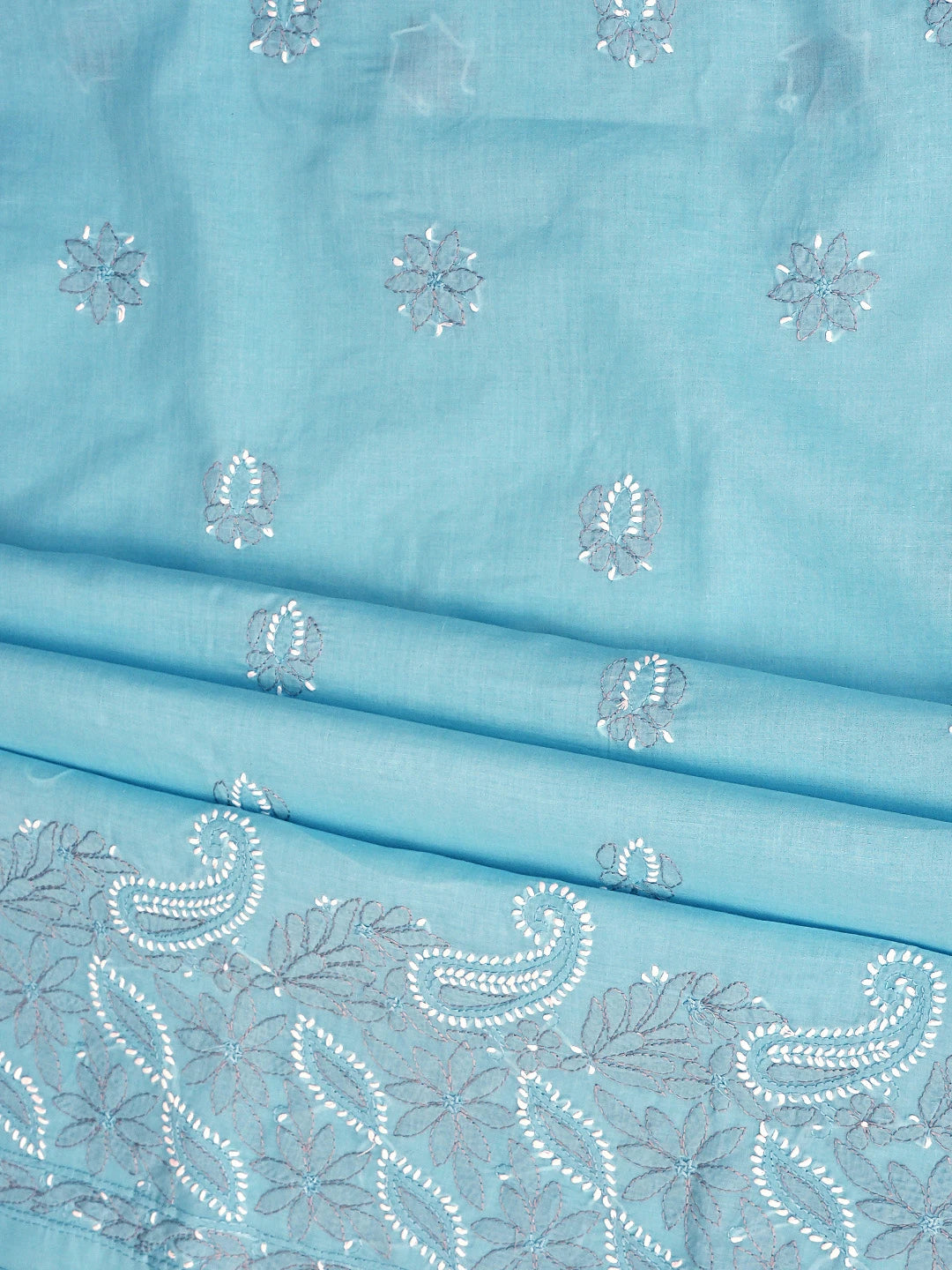 Ada Hand Embroidered Blue Cotton Lucknowi Chikankari Unstitched Suit Piece with Chiffon Dupatta 01A819179