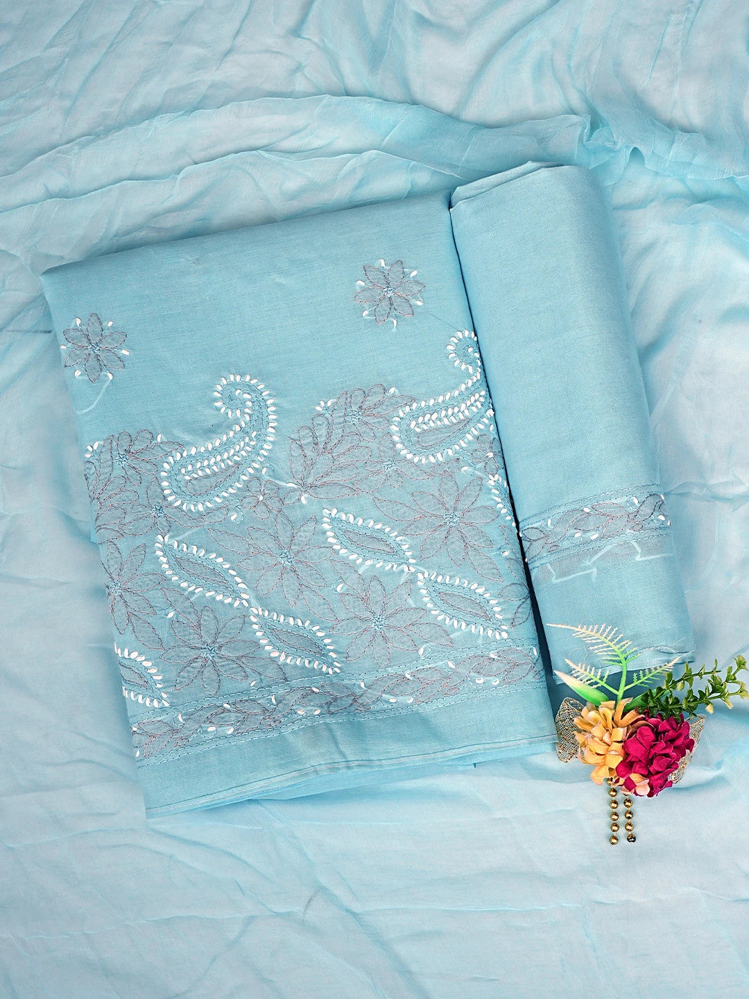 Ada Hand Embroidered Blue Cotton Lucknowi Chikankari Unstitched Suit Piece with Chiffon Dupatta 01A819179