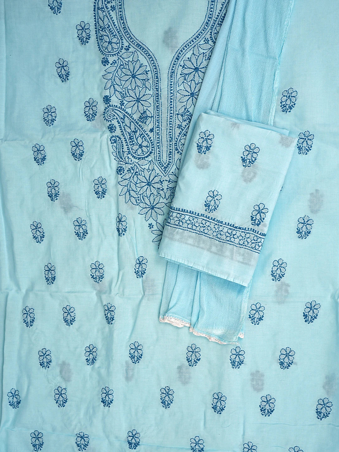 Ada Hand Embroidered Sky Blue Cotton Lucknowi Chikankari Unstitched Suit Piece with Chiffon Dupatta 01A868001
