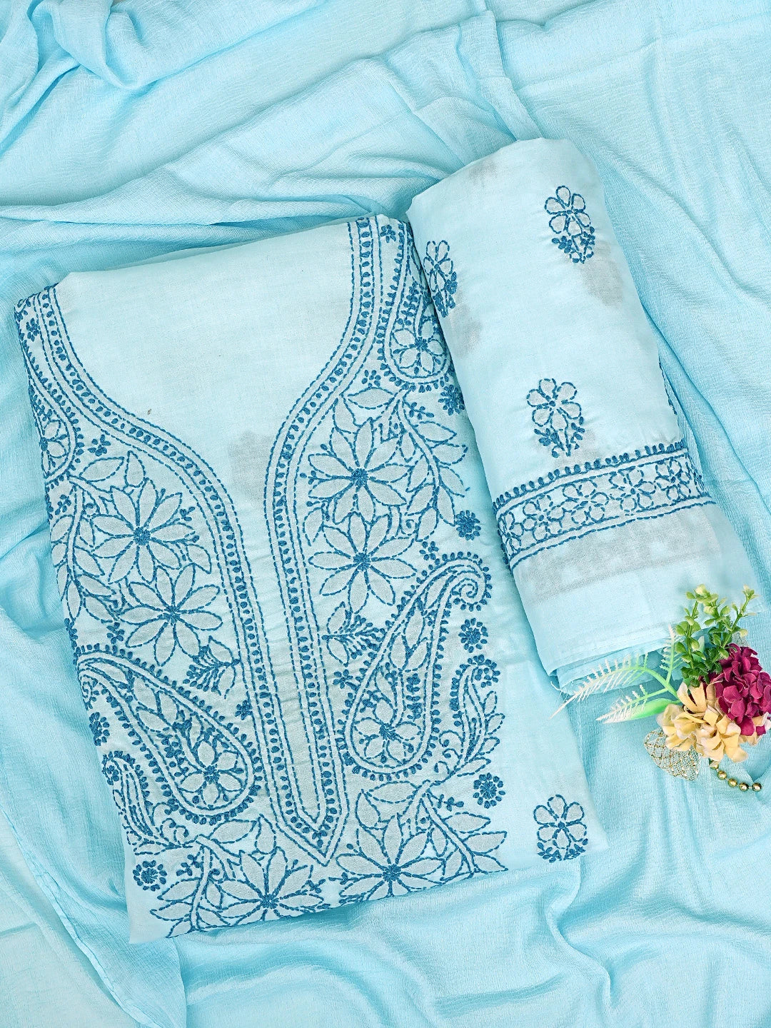 Ada Hand Embroidered Sky Blue Cotton Lucknowi Chikankari Unstitched Suit Piece with Chiffon Dupatta 01A868001