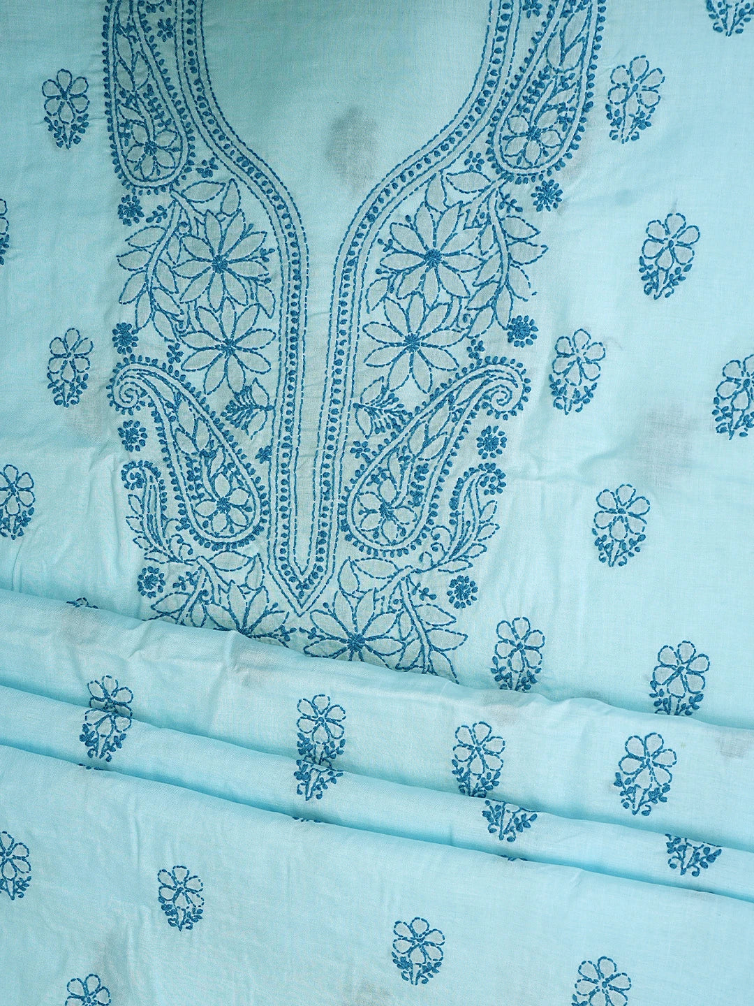Ada Hand Embroidered Sky Blue Cotton Lucknowi Chikankari Unstitched Suit Piece with Chiffon Dupatta 01A868001