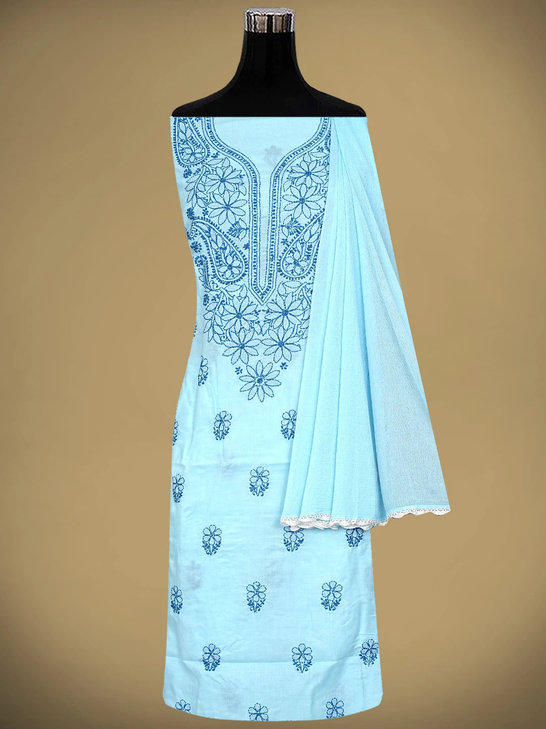 Ada Hand Embroidered Sky Blue Cotton Lucknowi Chikankari Unstitched Suit Piece with Chiffon Dupatta 01A868001