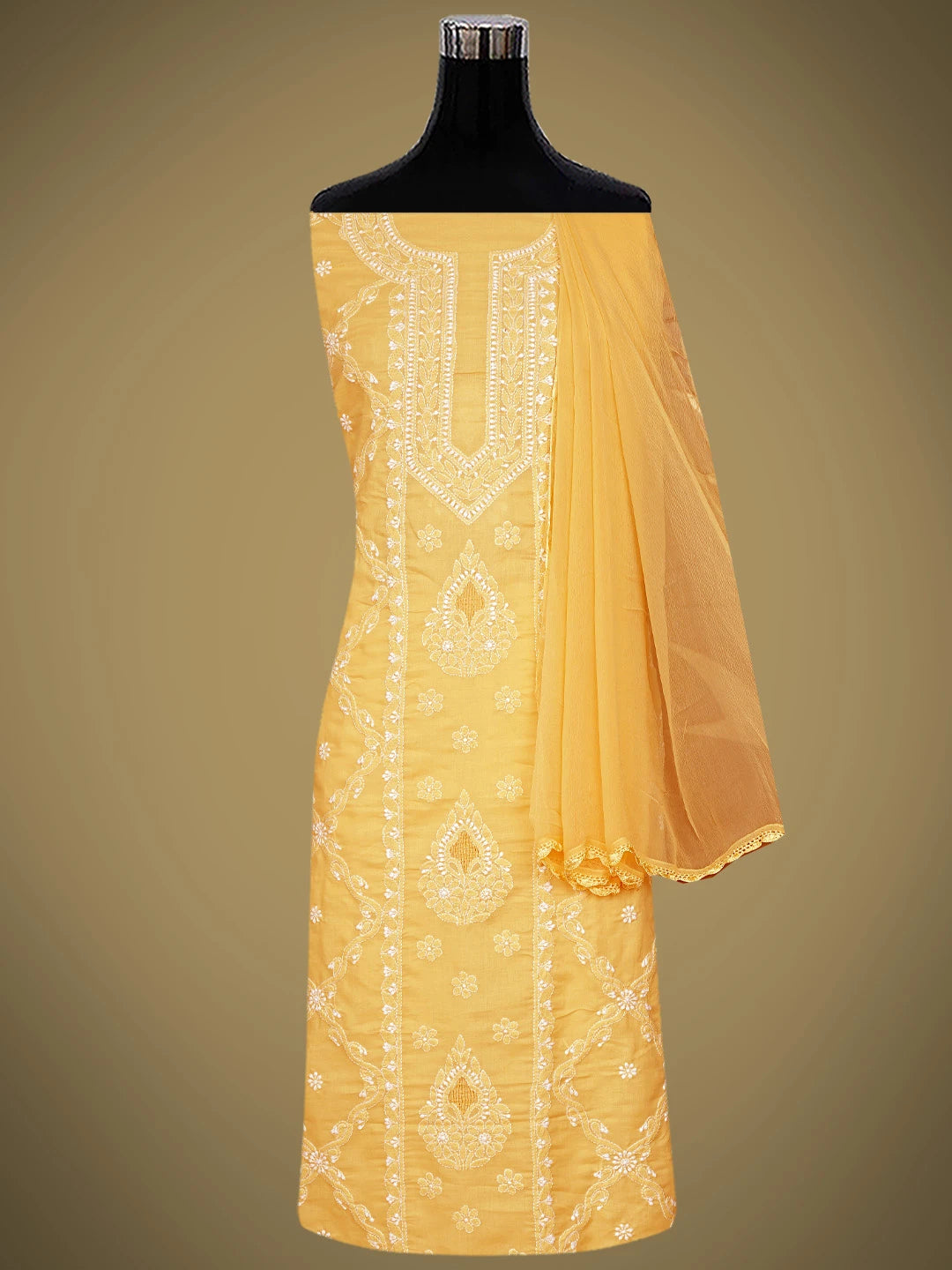 Ada Hand Embroidered Yellow Cotton Lucknowi Chikankari Unstitched Suit Piece with Chiffon Dupatta 01A869337