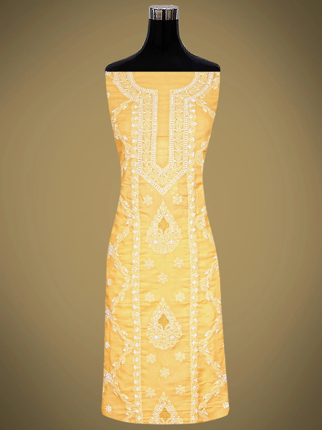 Ada Hand Embroidered Yellow Cotton Lucknowi Chikankari Unstitched Suit Piece with Chiffon Dupatta 01A869337