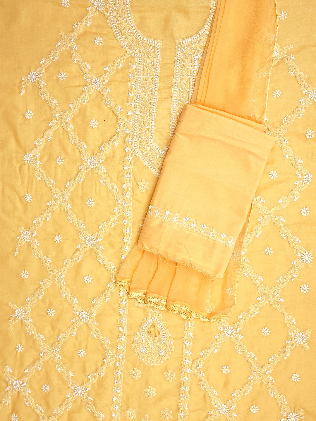 Ada Hand Embroidered Yellow Cotton Lucknowi Chikankari Unstitched Suit Piece with Chiffon Dupatta 01A869337