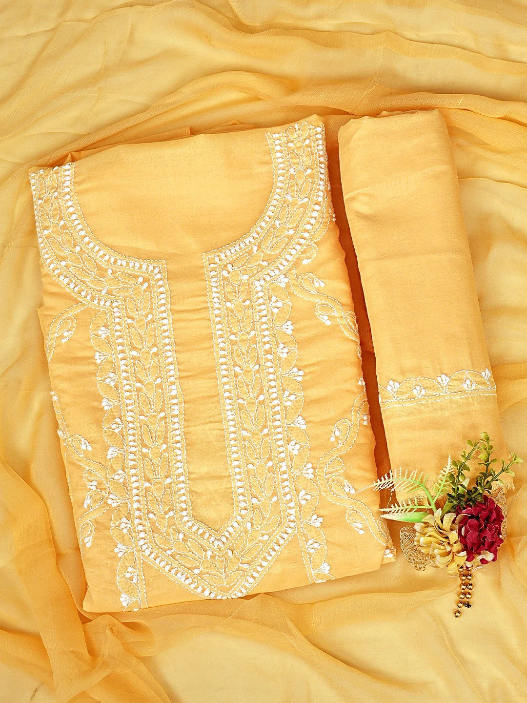 Ada Hand Embroidered Yellow Cotton Lucknowi Chikankari Unstitched Suit Piece with Chiffon Dupatta 01A869337