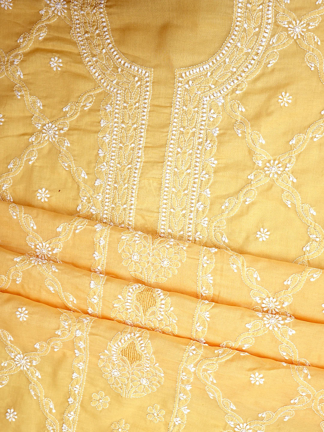 Ada Hand Embroidered Yellow Cotton Lucknowi Chikankari Unstitched Suit Piece with Chiffon Dupatta 01A869337