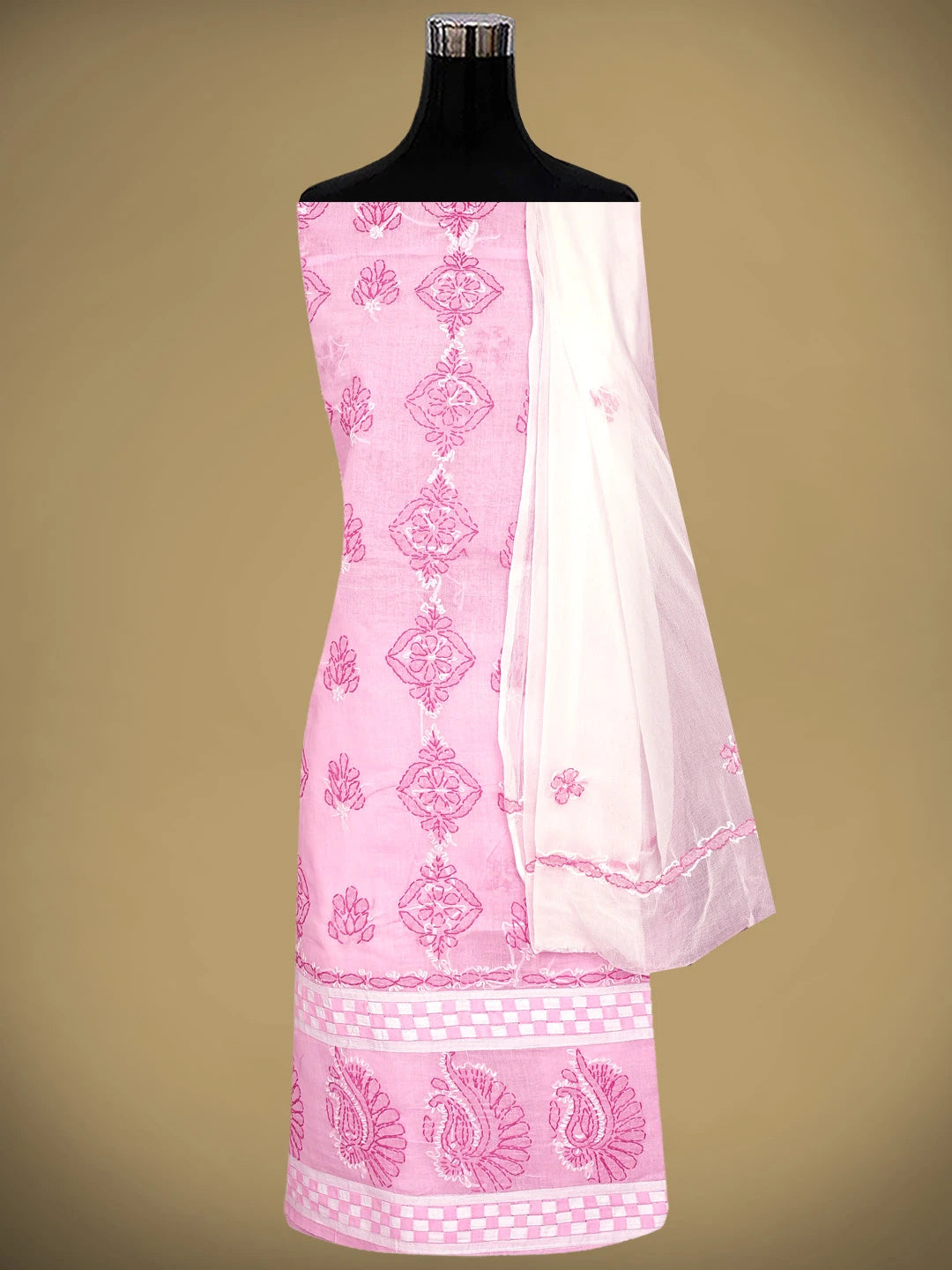 Ada Hand Embroidered Pink Cotton Lucknowi Chikankari Unstitched Suit Piece with Chiffon Dupatta 01A881481