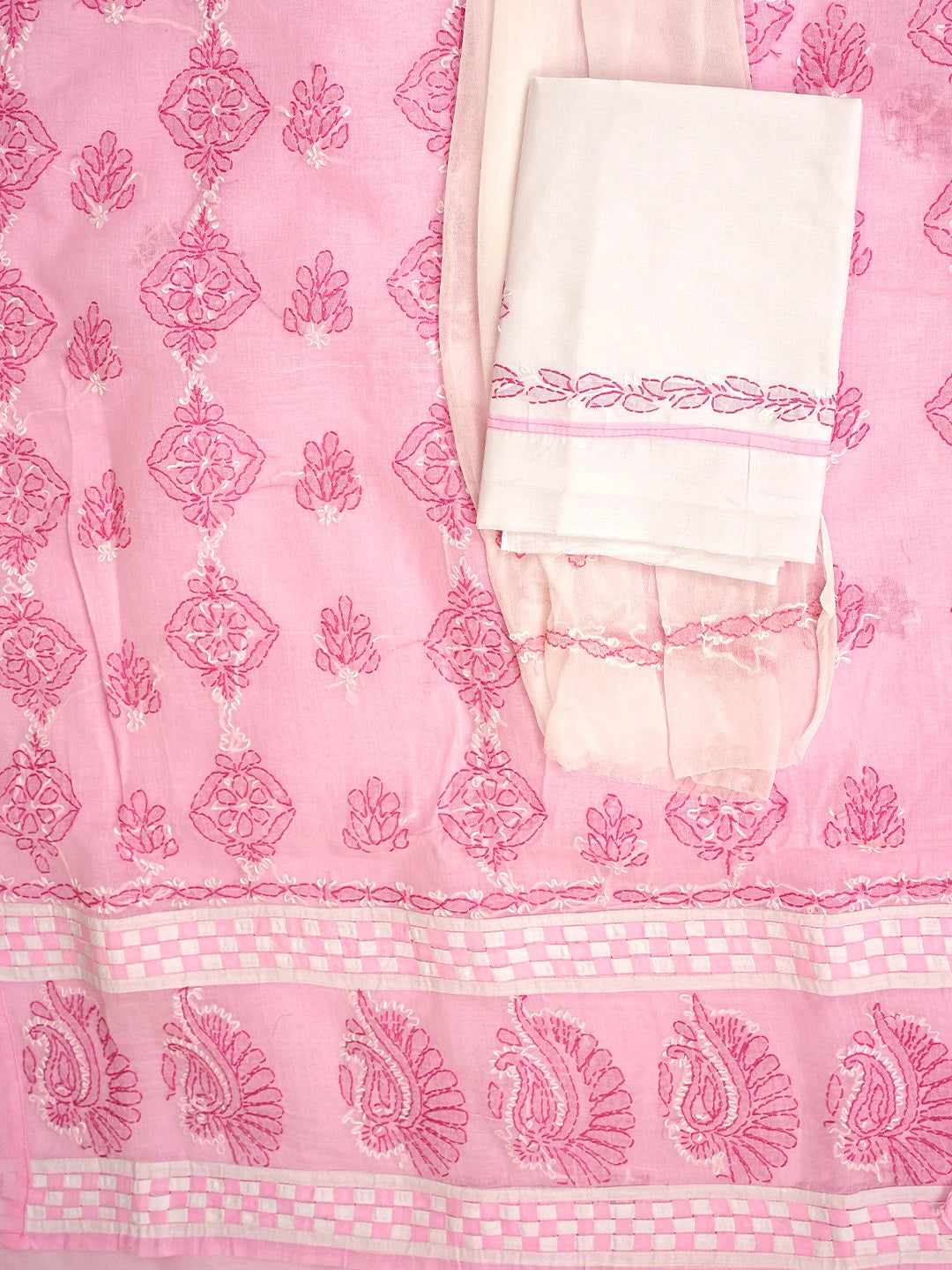 Ada Hand Embroidered Pink Cotton Lucknowi Chikankari Unstitched Suit Piece with Chiffon Dupatta 01A881481