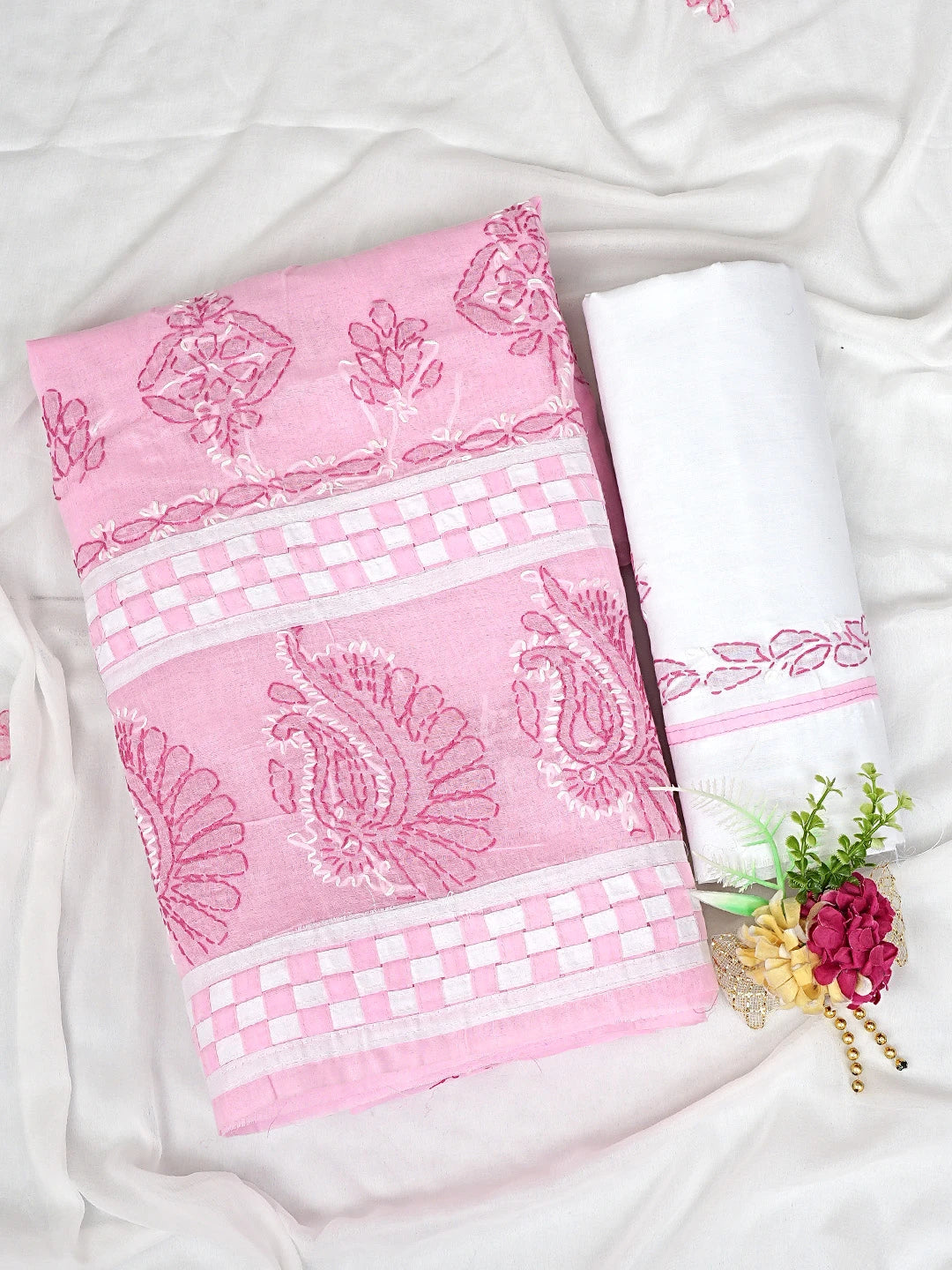 Ada Hand Embroidered Pink Cotton Lucknowi Chikankari Unstitched Suit Piece with Chiffon Dupatta 01A881481