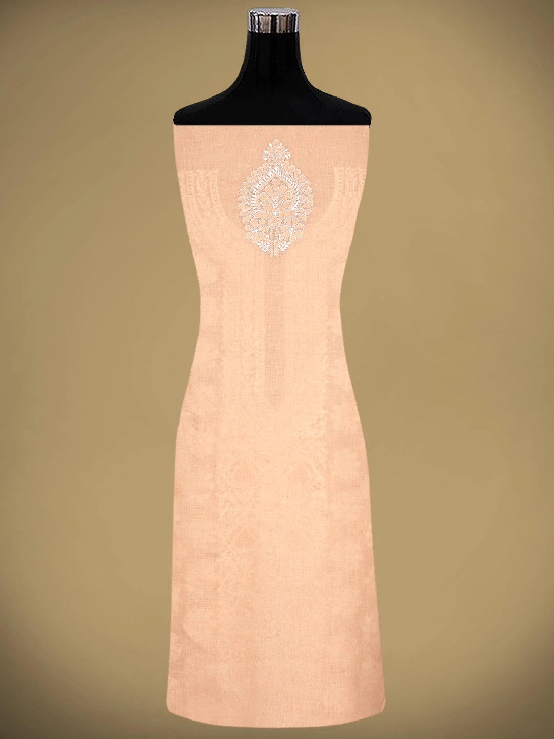 Ada Hand Embroidered Creamy Peach Cotton Lucknowi Chikankari Unstitched Suit Piece with Chiffon Dupatta 01A869332