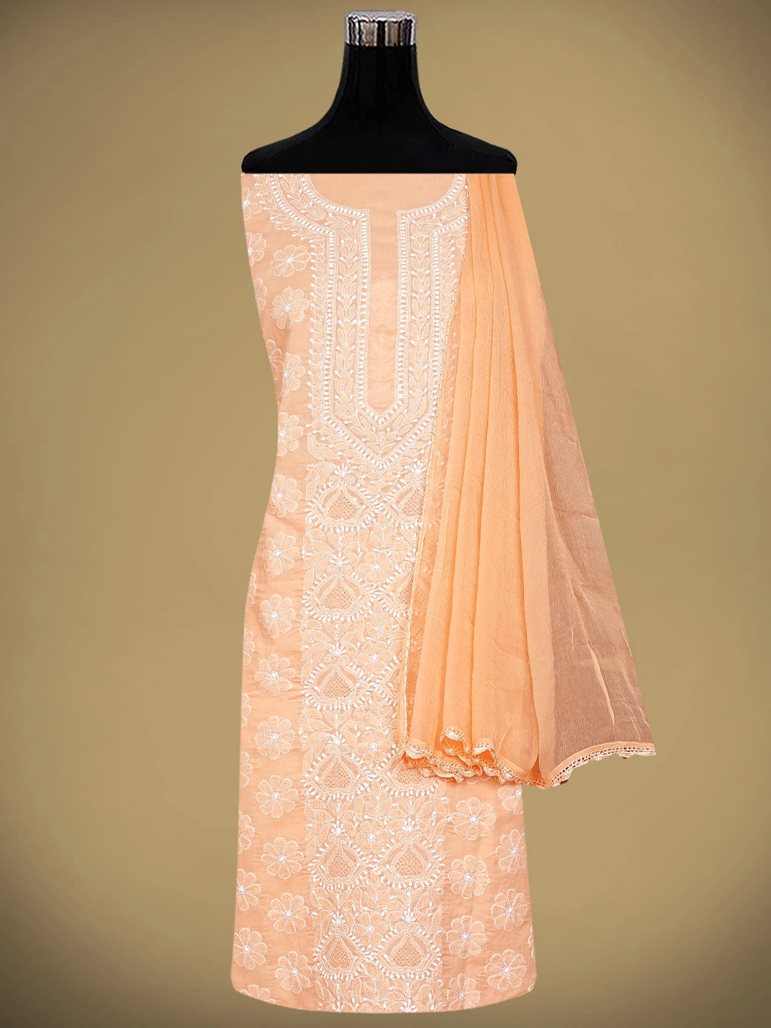 Ada Hand Embroidered Creamy Peach Cotton Lucknowi Chikankari Unstitched Suit Piece with Chiffon Dupatta 01A869332