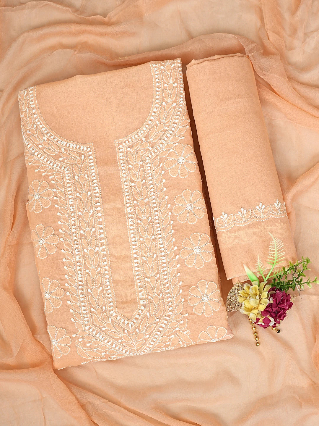 Ada Hand Embroidered Creamy Peach Cotton Lucknowi Chikankari Unstitched Suit Piece with Chiffon Dupatta 01A869332