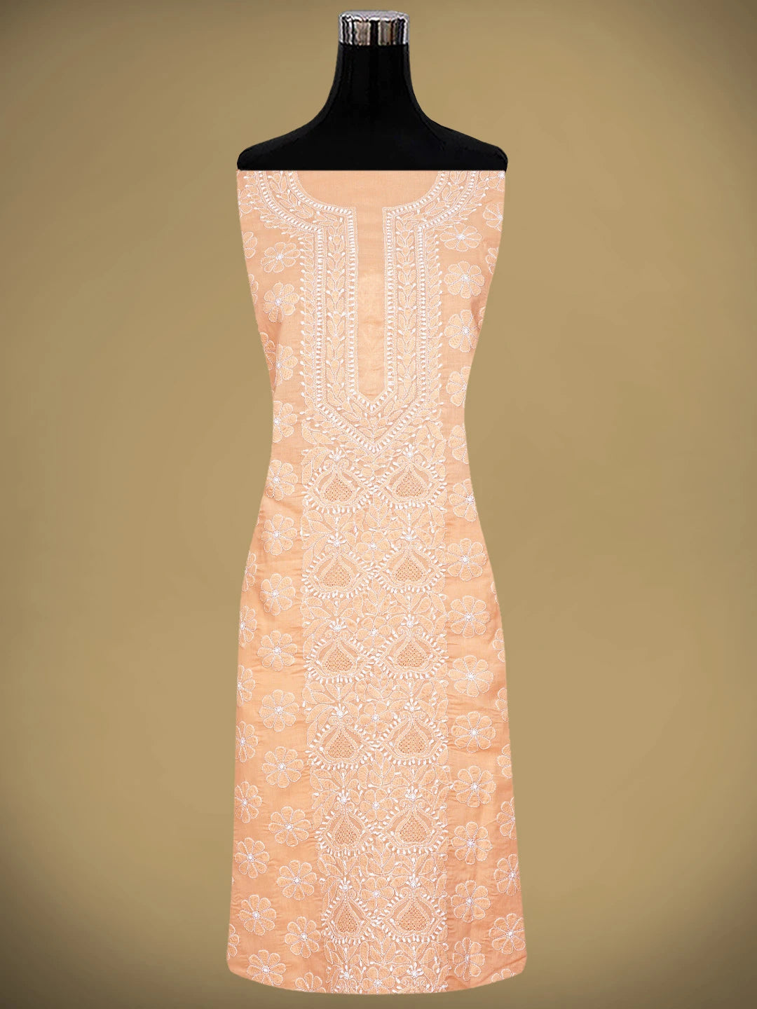 Ada Hand Embroidered Creamy Peach Cotton Lucknowi Chikankari Unstitched Suit Piece with Chiffon Dupatta 01A869332