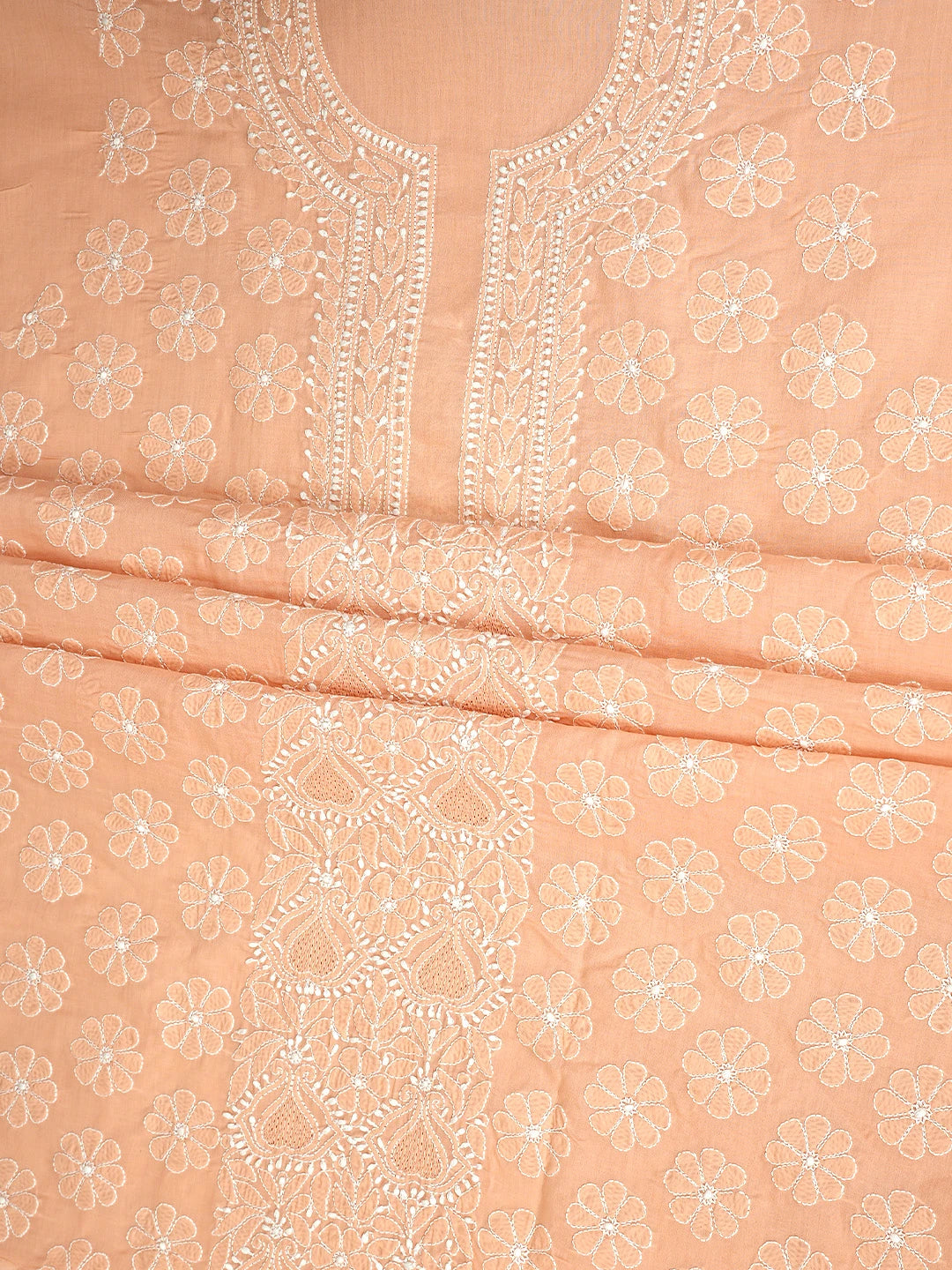 Ada Hand Embroidered Creamy Peach Cotton Lucknowi Chikankari Unstitched Suit Piece with Chiffon Dupatta 01A869332