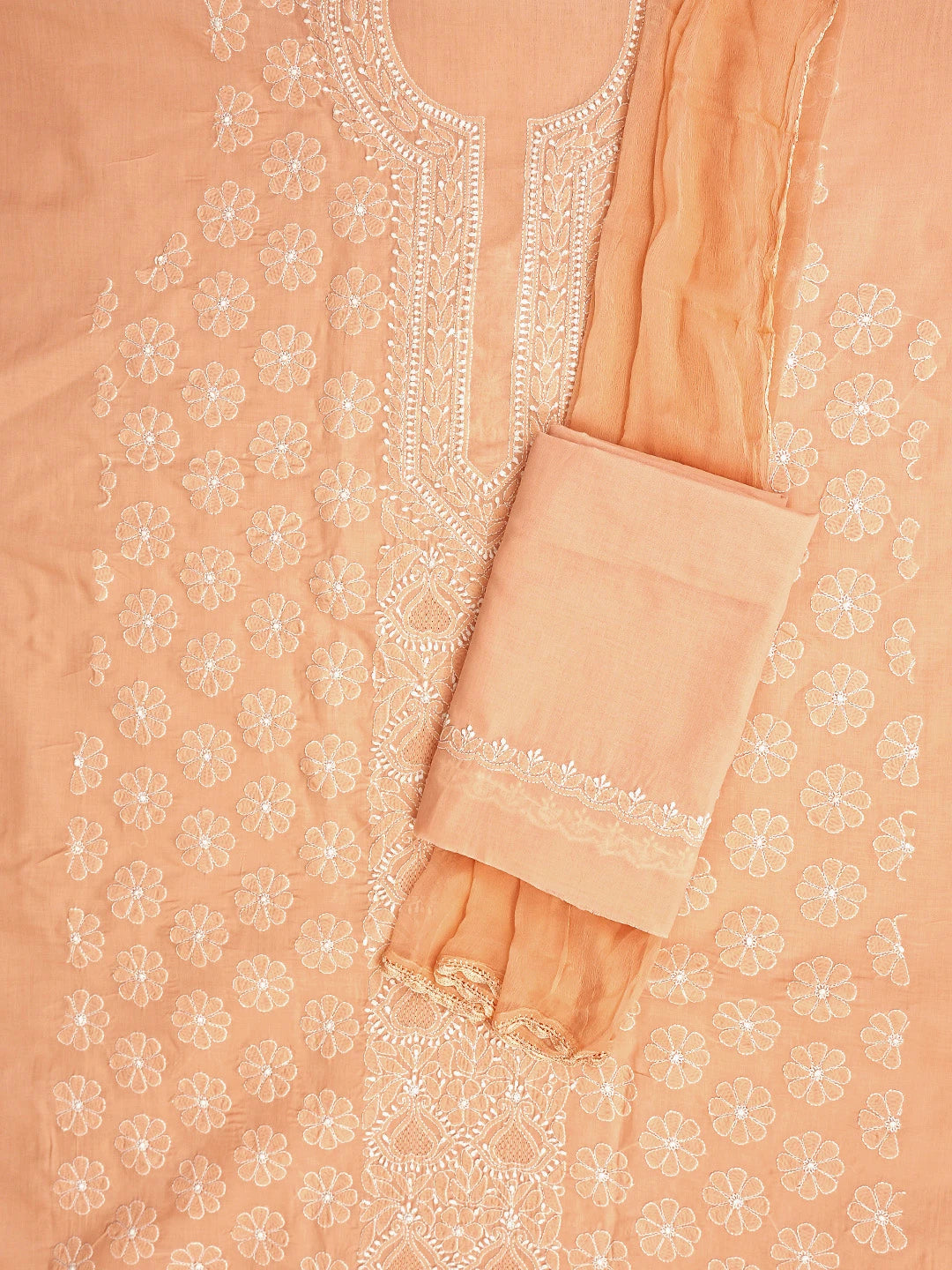 Ada Hand Embroidered Creamy Peach Cotton Lucknowi Chikankari Unstitched Suit Piece with Chiffon Dupatta 01A869332