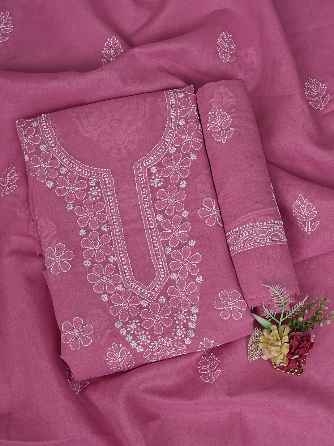 Ada Hand Embroidered Onion Pink Cotton Lucknowi Chikankari Unstitched Suit Piece 01A870946