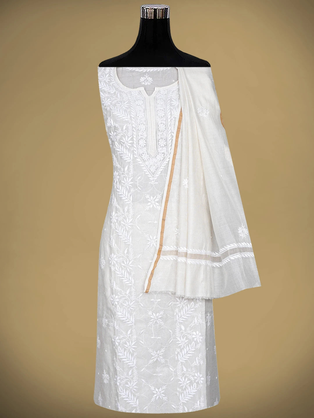 Ada Hand Embroidered White Chanderi Lucknowi Chikankari Unstitched Kurta Dupatta Set with Cutdana Work 01A894143