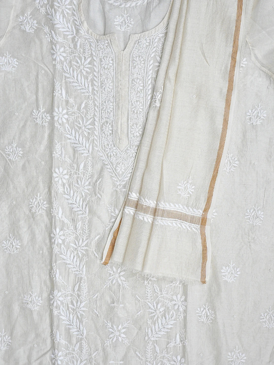 Ada Hand Embroidered White Chanderi Lucknowi Chikankari Unstitched Kurta Dupatta Set with Cutdana Work 01A894143